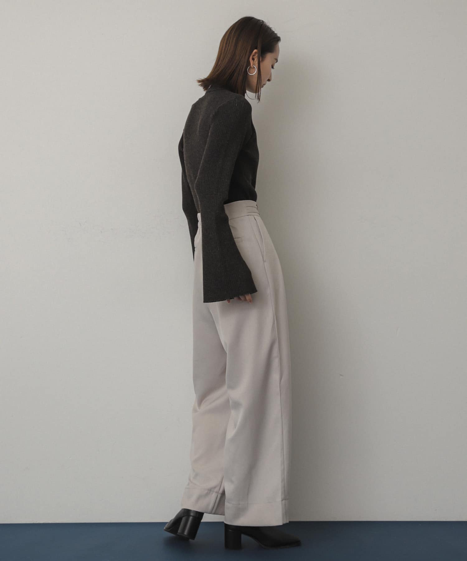 ダブルベルトスラックスワイドパンツ GREIGE S