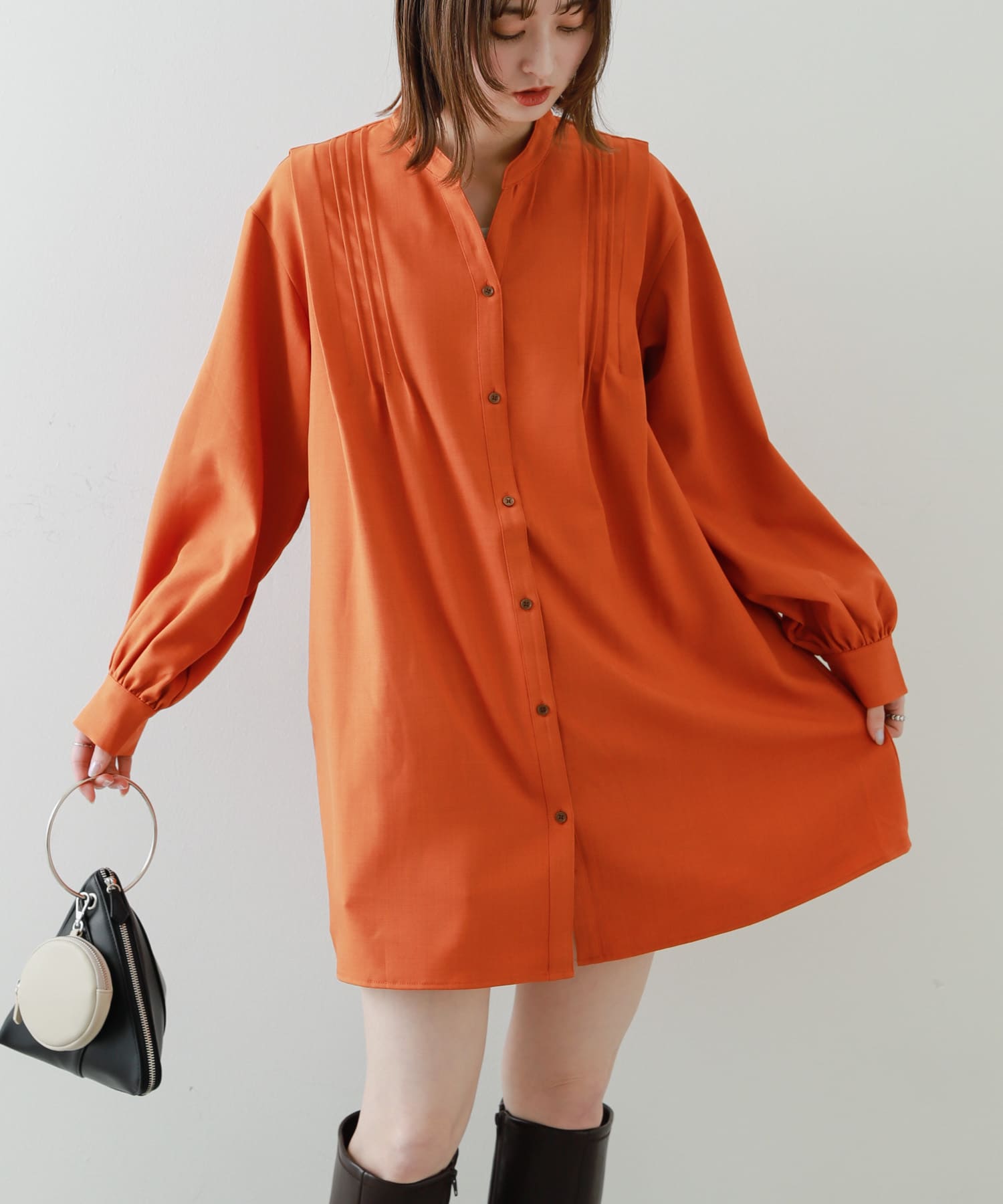『Shortサイズあり』タックシャツワンピース ORANGE Short