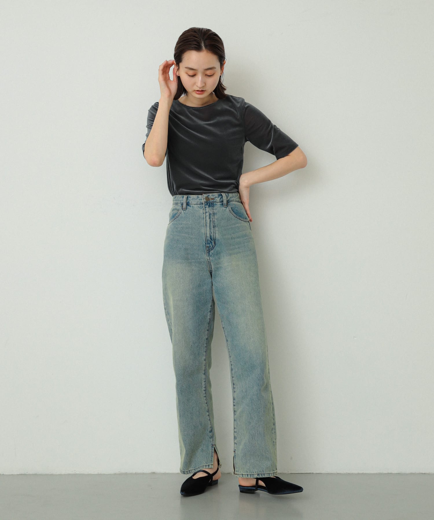ベロアポインテッドシューズ NAVY S
