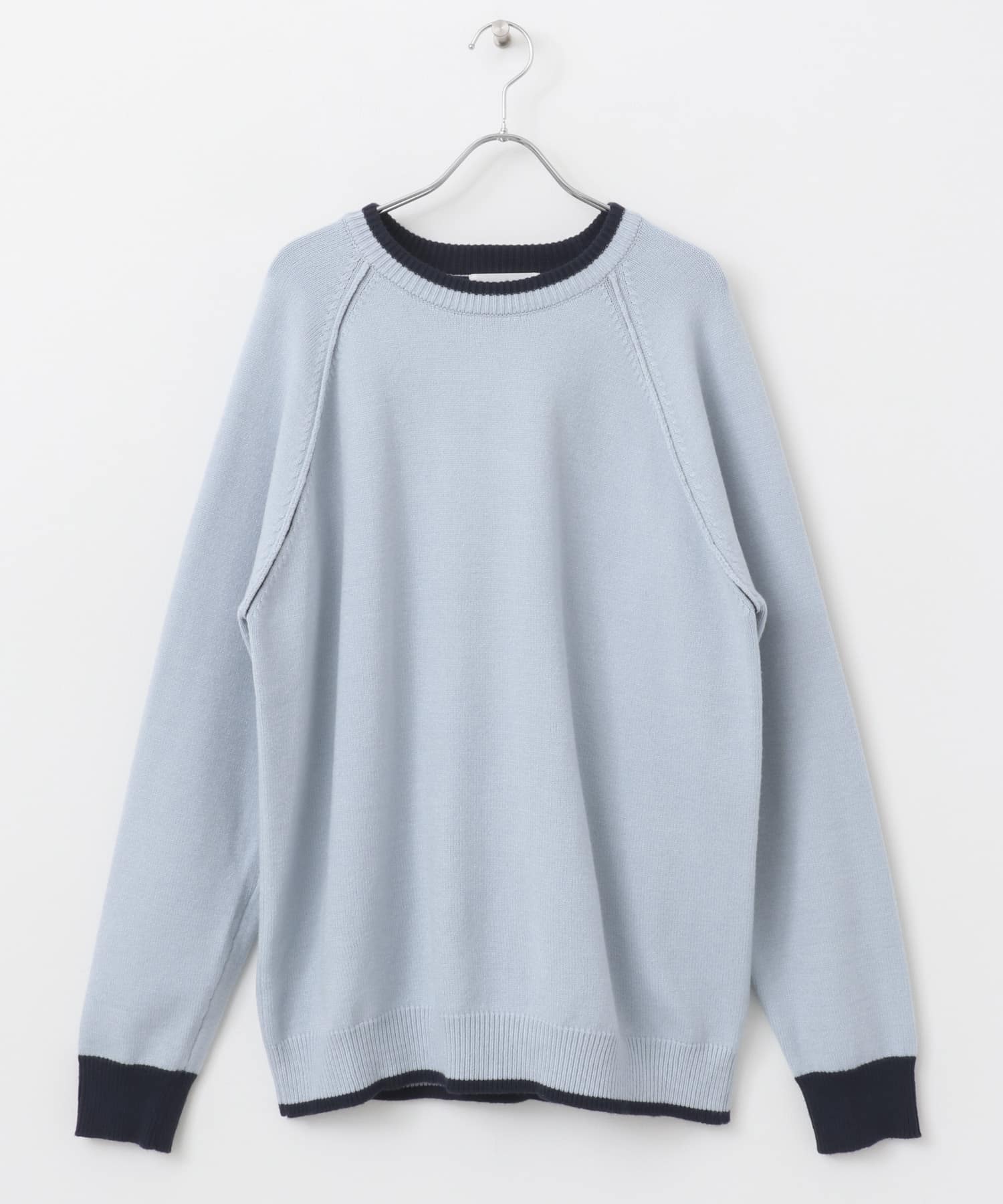 『ユニセックス』『洗濯可』ストレッチリブハイショクラインニット L.BLUE M