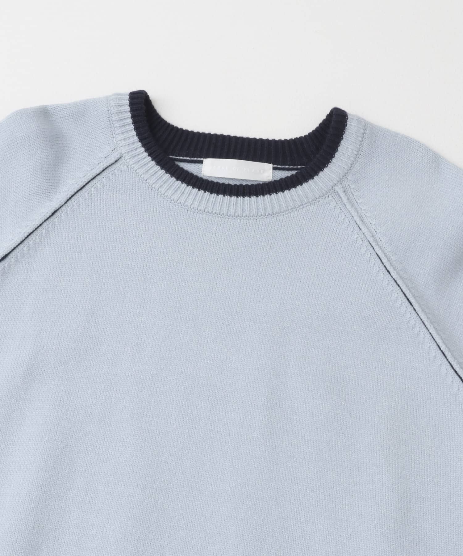 『ユニセックス』『洗濯可』ストレッチリブハイショクラインニット L.BLUE M