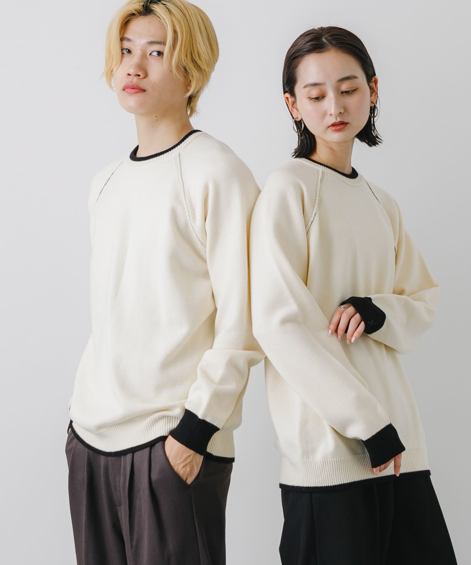 『ユニセックス』『洗濯可』ストレッチリブハイショクラインニット IVORY M