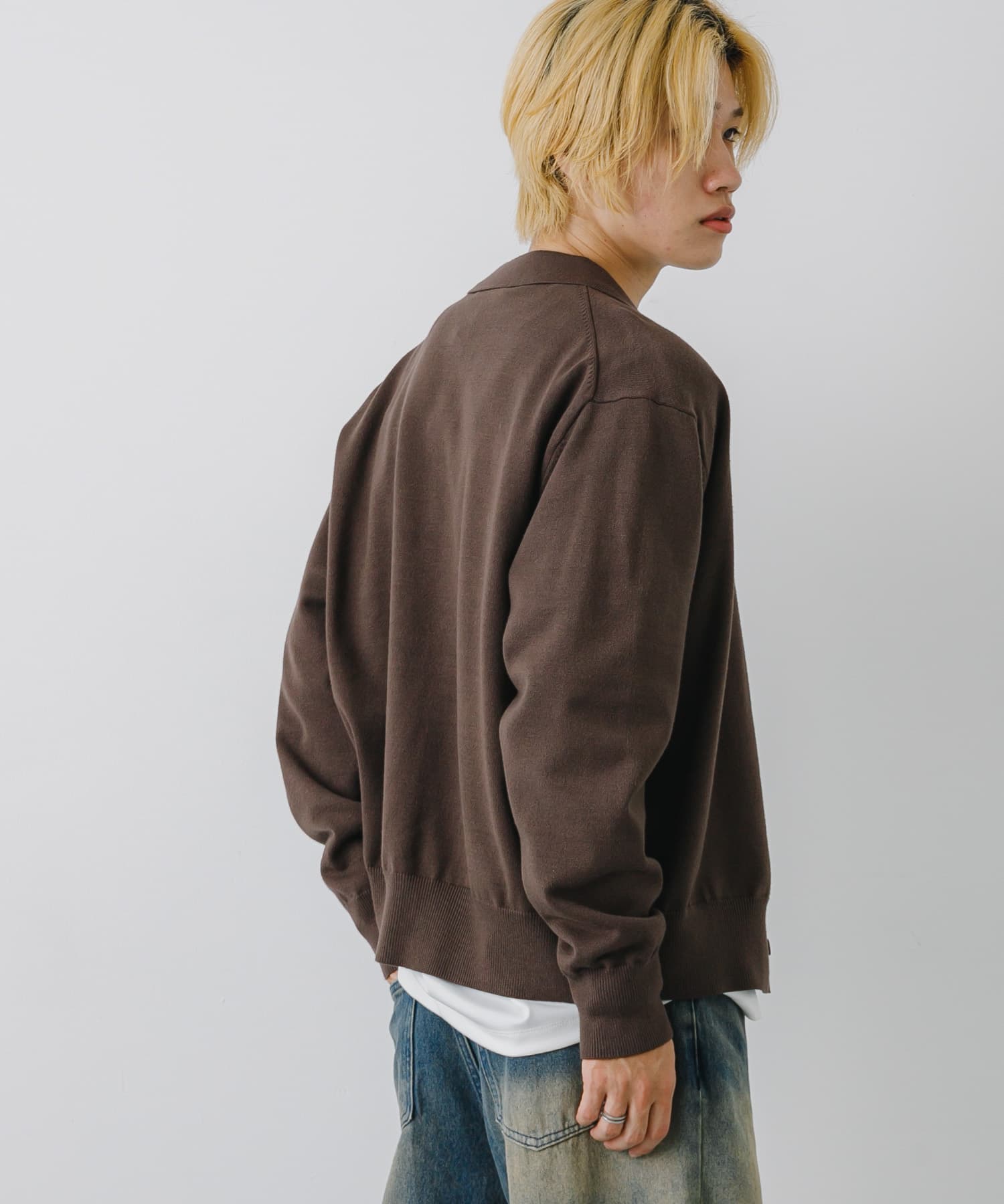 ユニセックス』『洗濯可』ストレッチシャツカーディガン(M BROWN