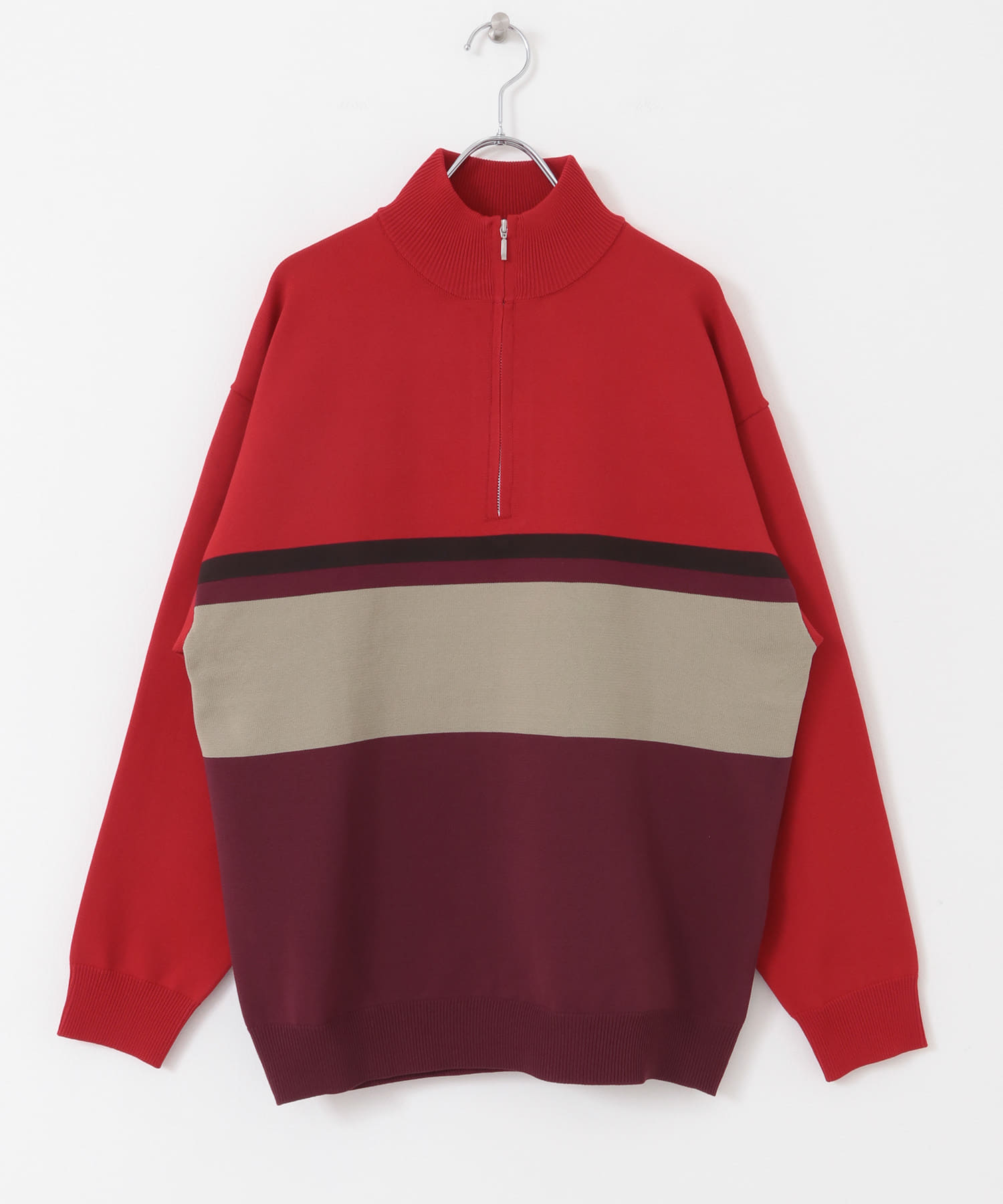 パネルボーダーハーフZIPニット RED M