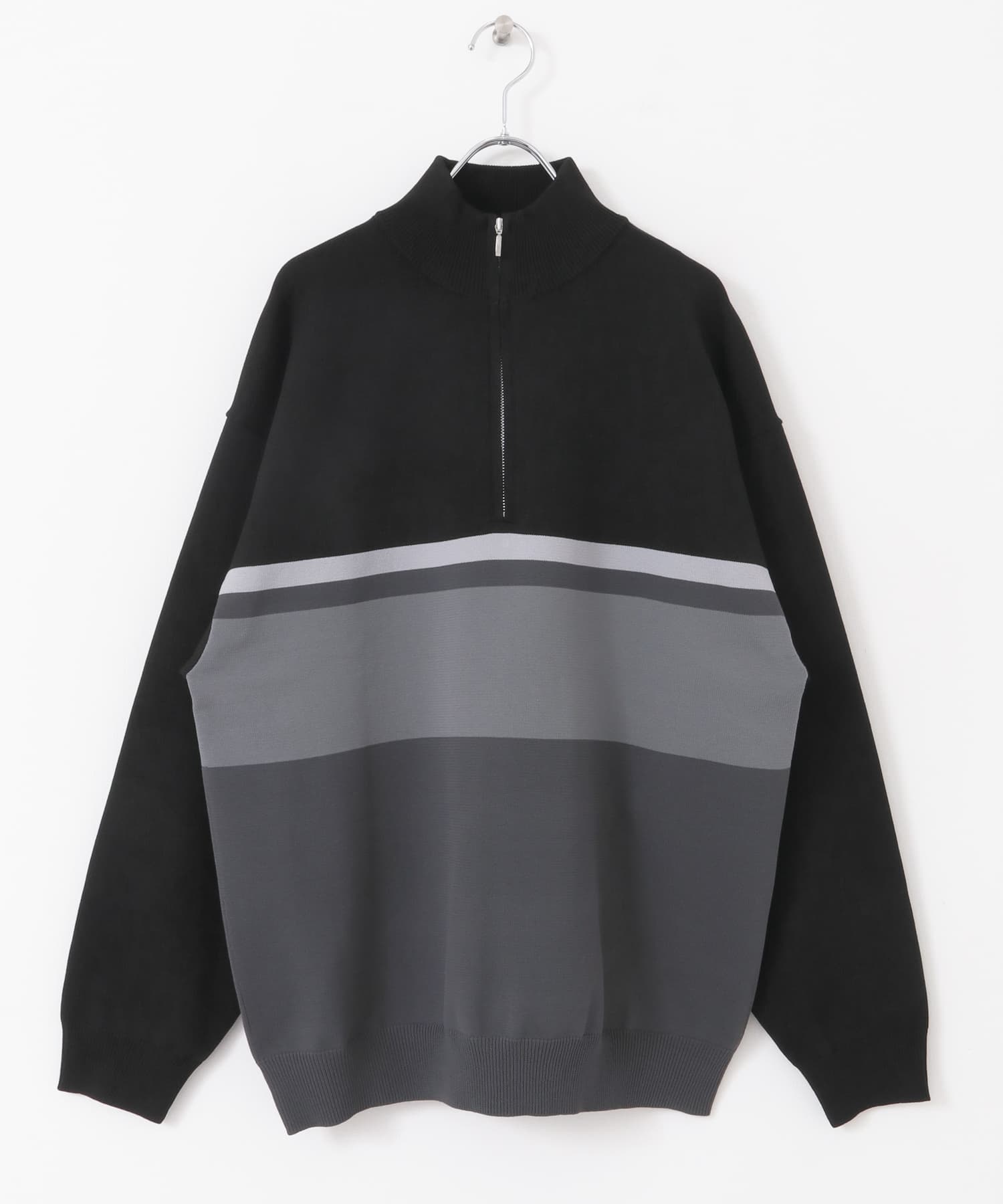 パネルボーダーハーフZIPニット BLACK M