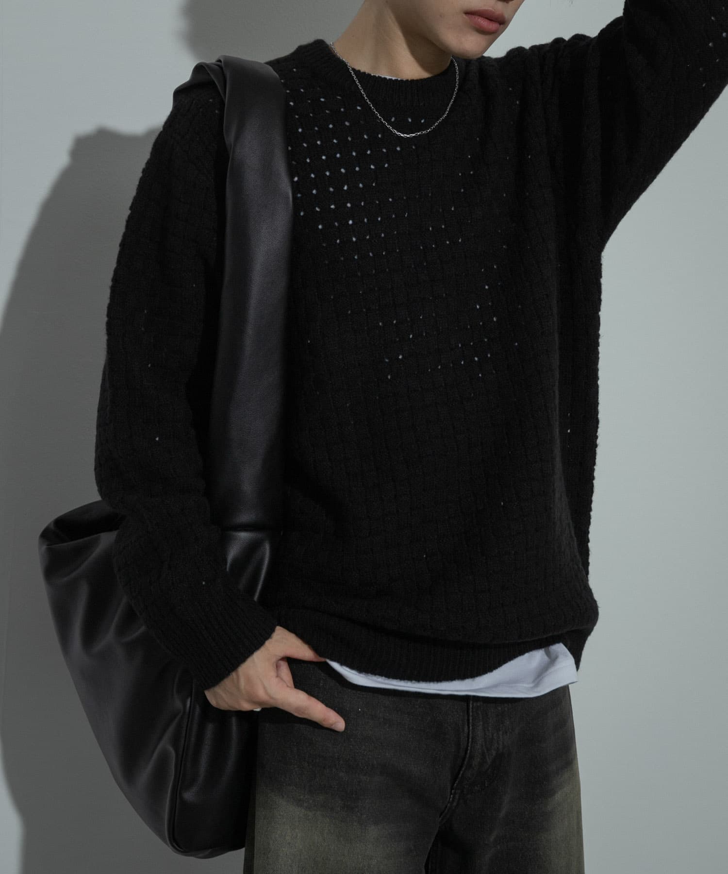 クロス編みシアークルーネックニット(M PINK RED): トップス