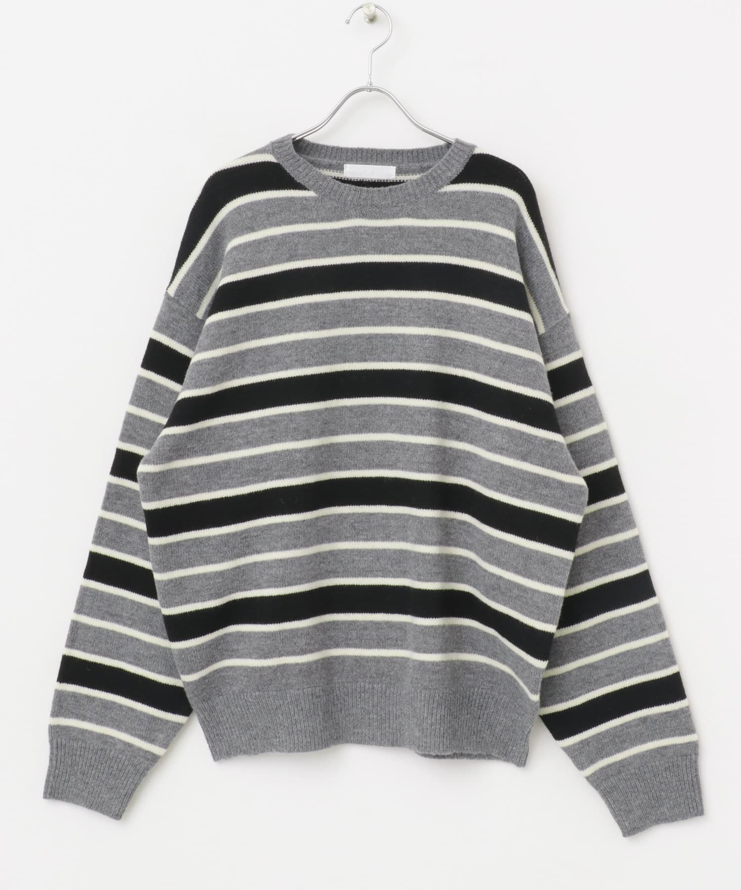 ウールブレンドボーダークルーネックニット BLACK M