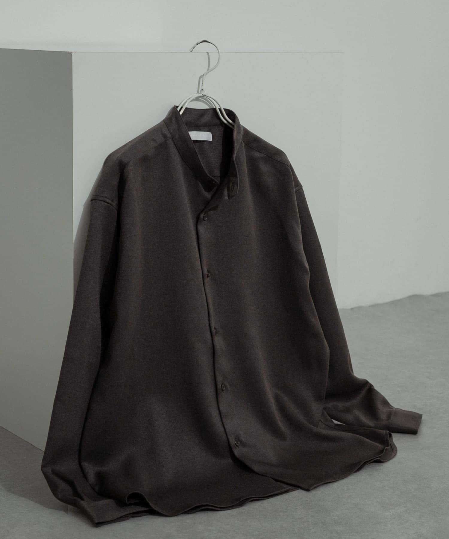 『セットアップ対応』『ユニセックス』ウールライクバンドカラールーズシャツ CHARCOAL L