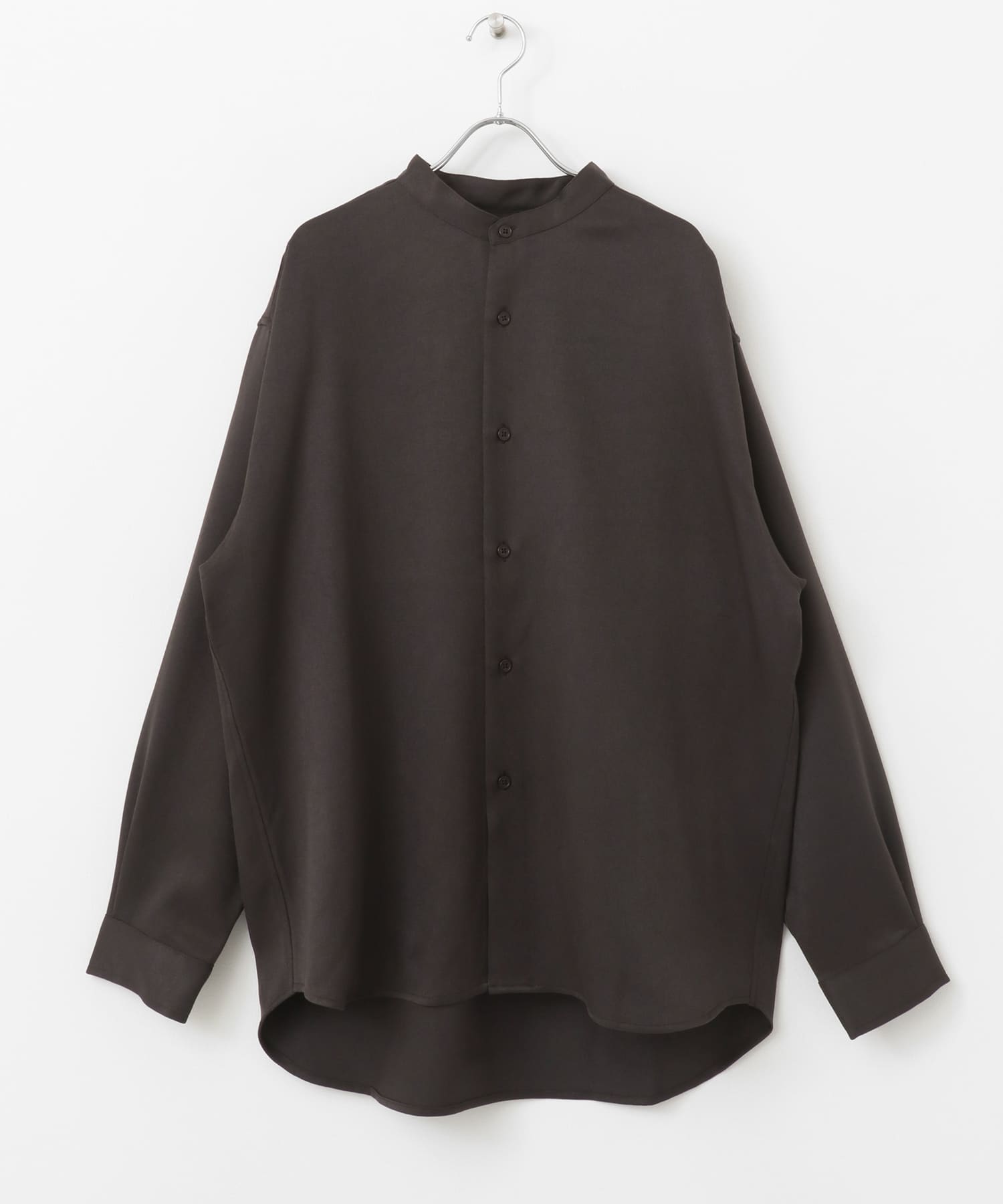 『セットアップ対応』『ユニセックス』ウールライクバンドカラールーズシャツ CHARCOAL M