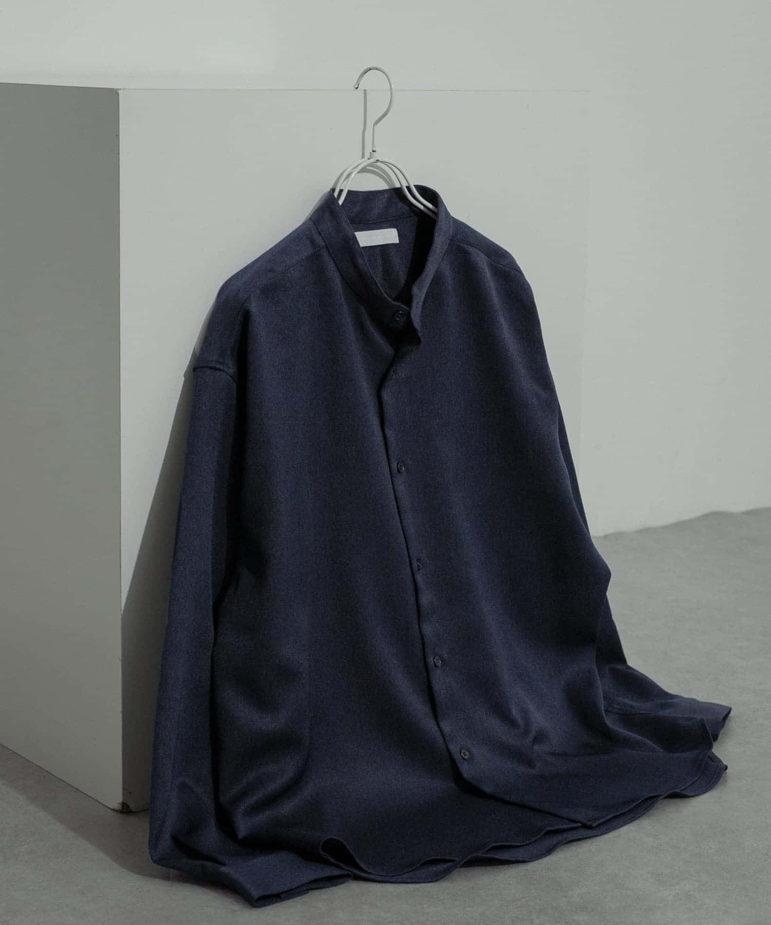 『セットアップ対応』『ユニセックス』ウールライクバンドカラールーズシャツ NAVY M