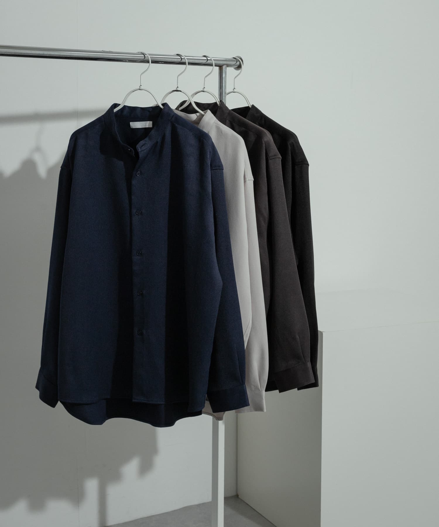 『セットアップ対応』『ユニセックス』ウールライクバンドカラールーズシャツ NAVY L