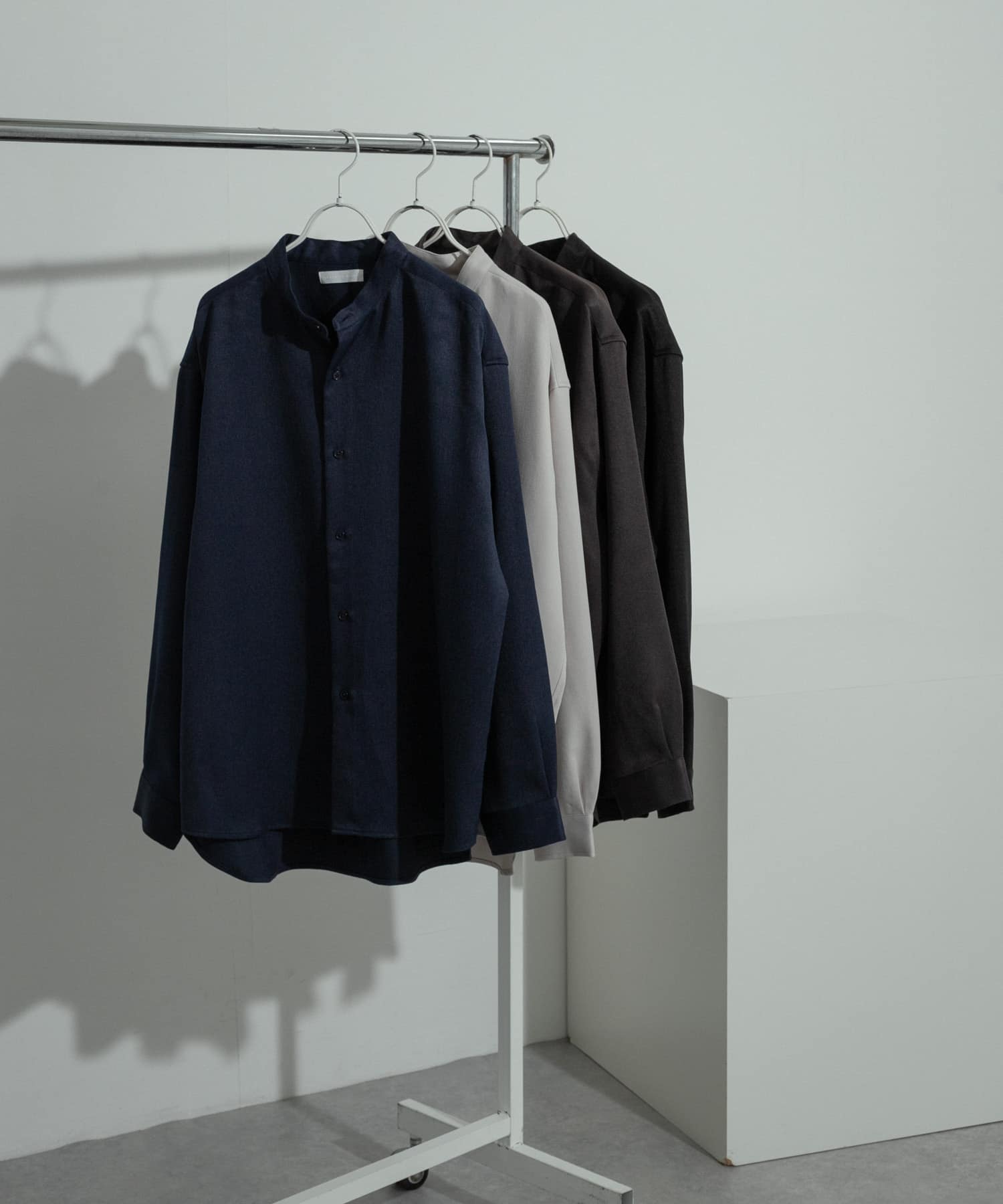 『セットアップ対応』『ユニセックス』ウールライクバンドカラールーズシャツ NAVY L