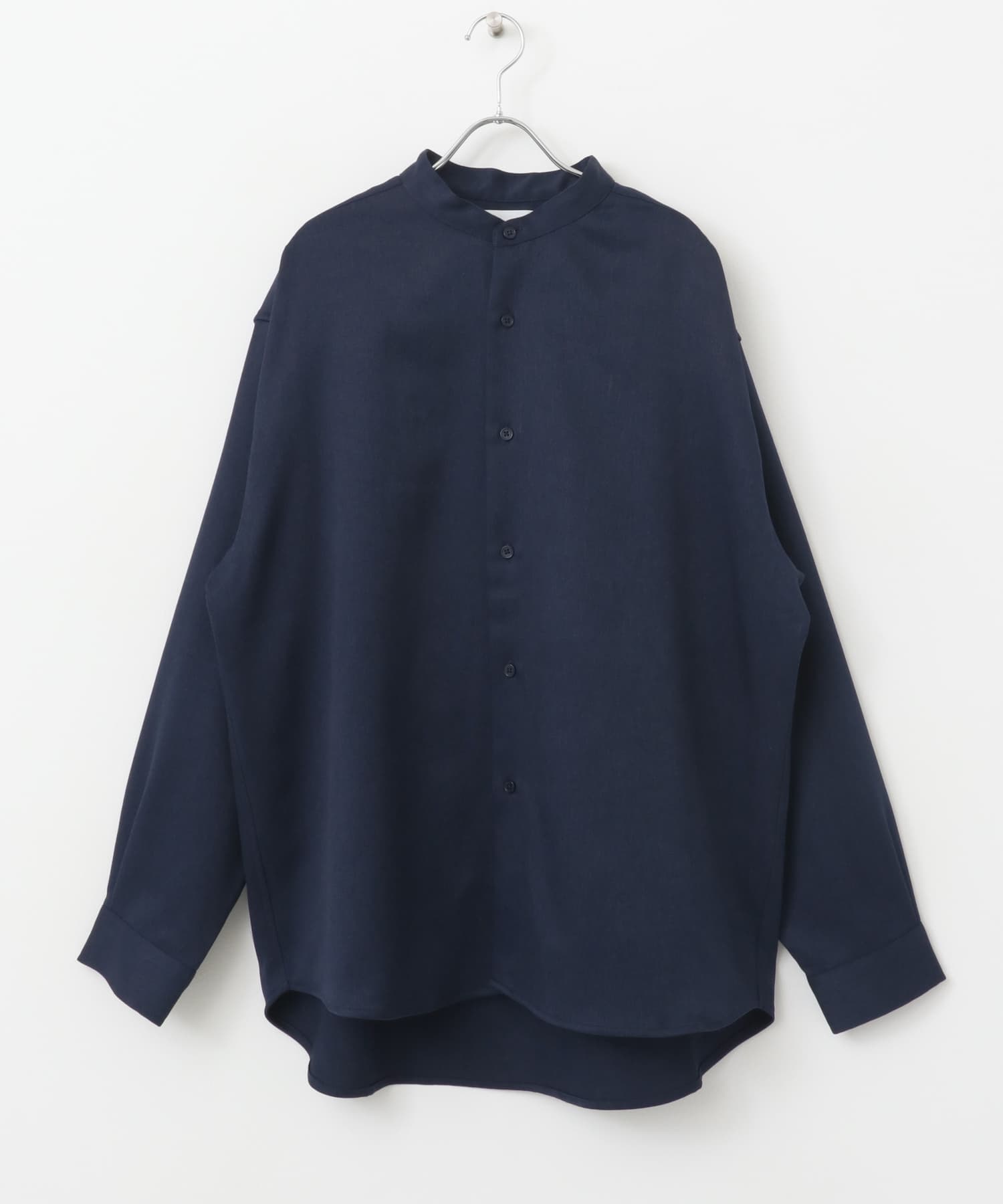 『セットアップ対応』『ユニセックス』ウールライクバンドカラールーズシャツ NAVY M