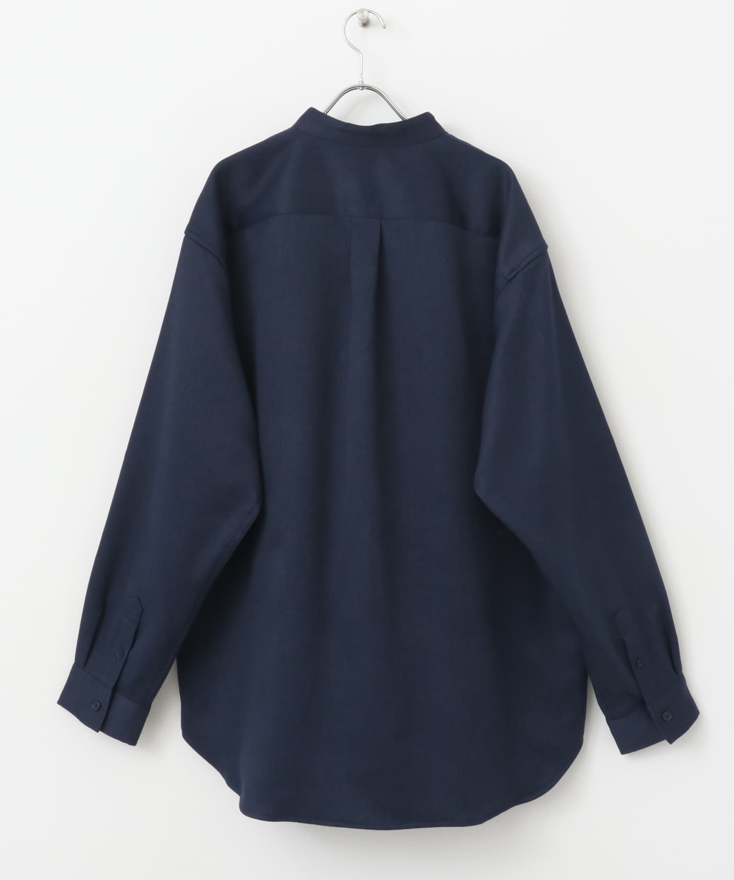 『セットアップ対応』『ユニセックス』ウールライクバンドカラールーズシャツ NAVY M