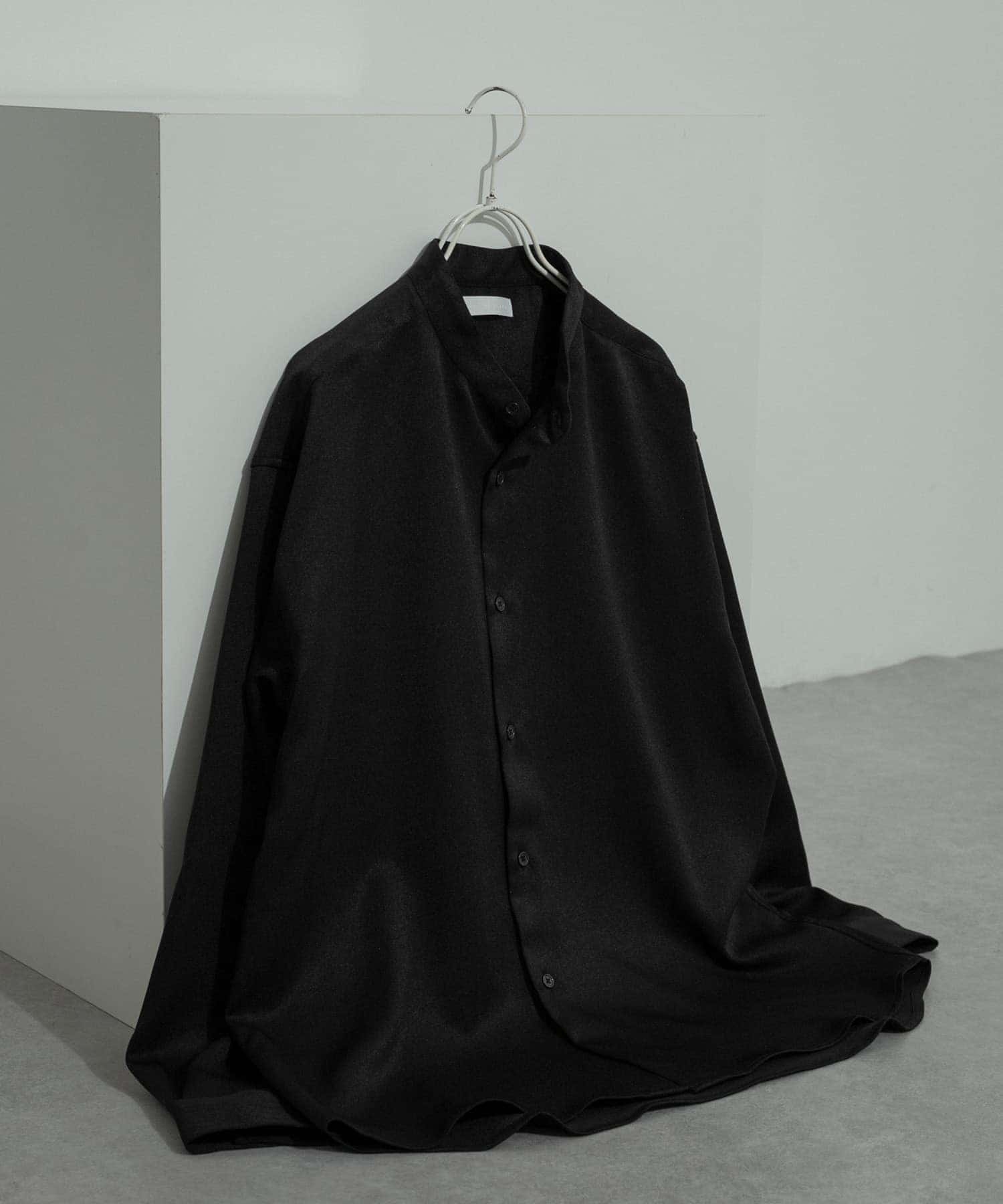 『セットアップ対応』『ユニセックス』ウールライクバンドカラールーズシャツ BLACK M