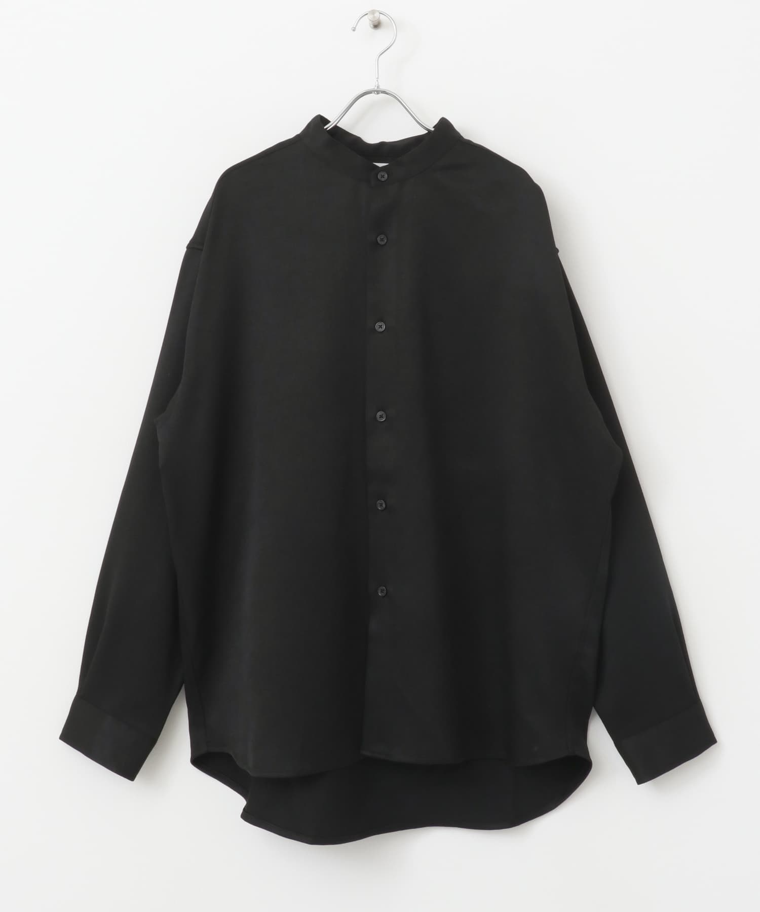 『セットアップ対応』『ユニセックス』ウールライクバンドカラールーズシャツ BLACK M