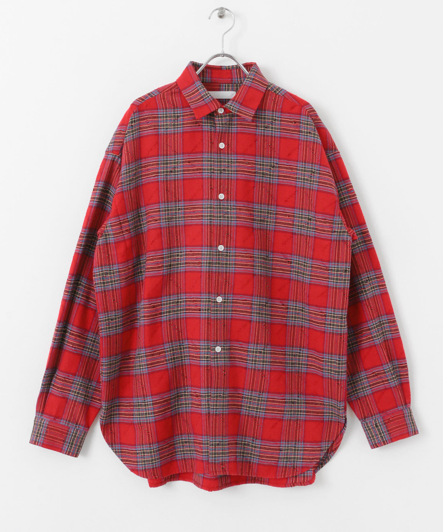 ダメージチェックルーズシャツ RED M