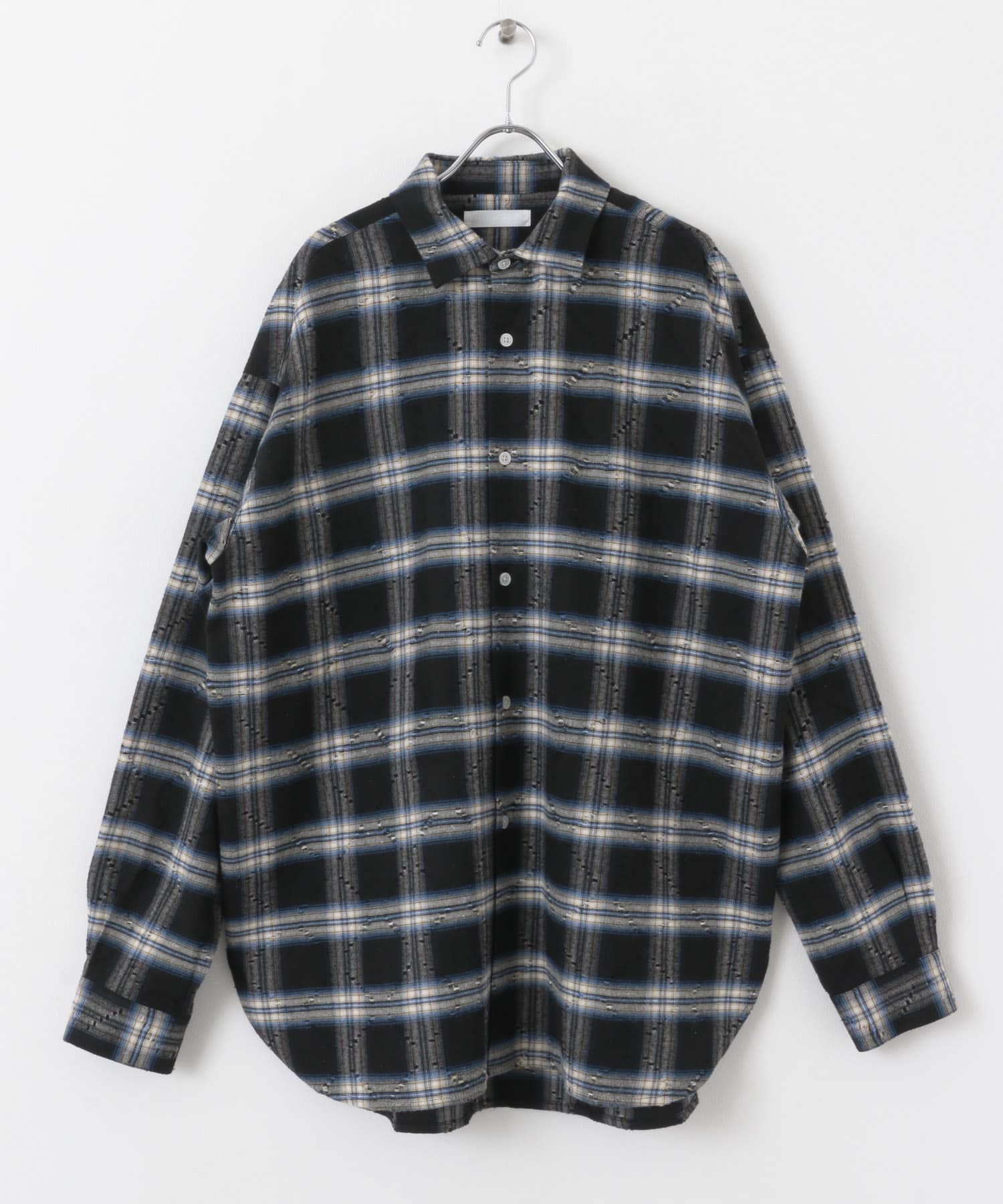 ダメージチェックルーズシャツ BLACK M