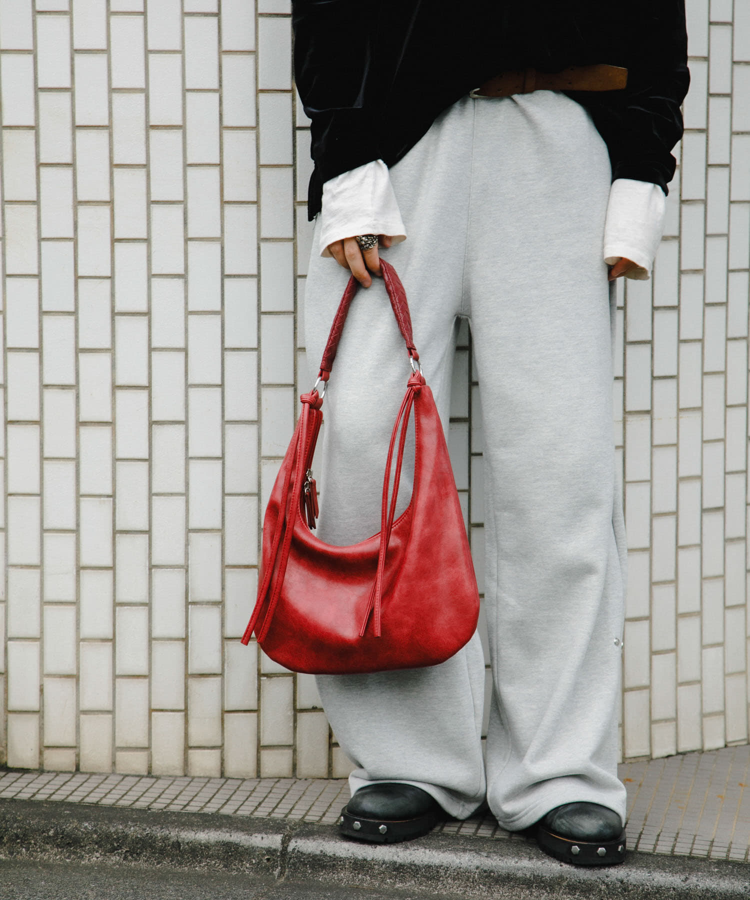 フェイクレザーヴィンテージハンドバッグ RED one