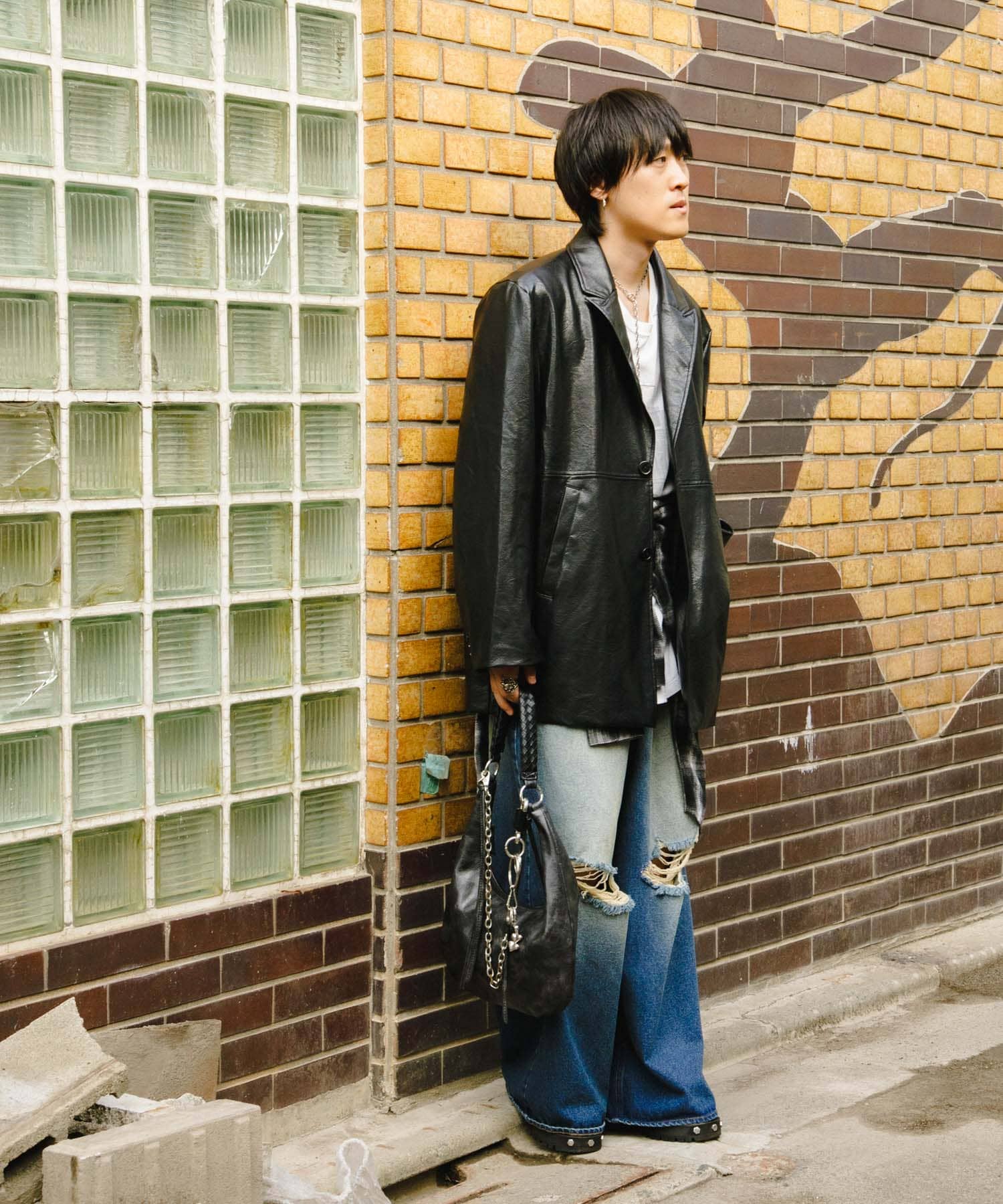 フェイクレザーヴィンテージハンドバッグ BLACK one