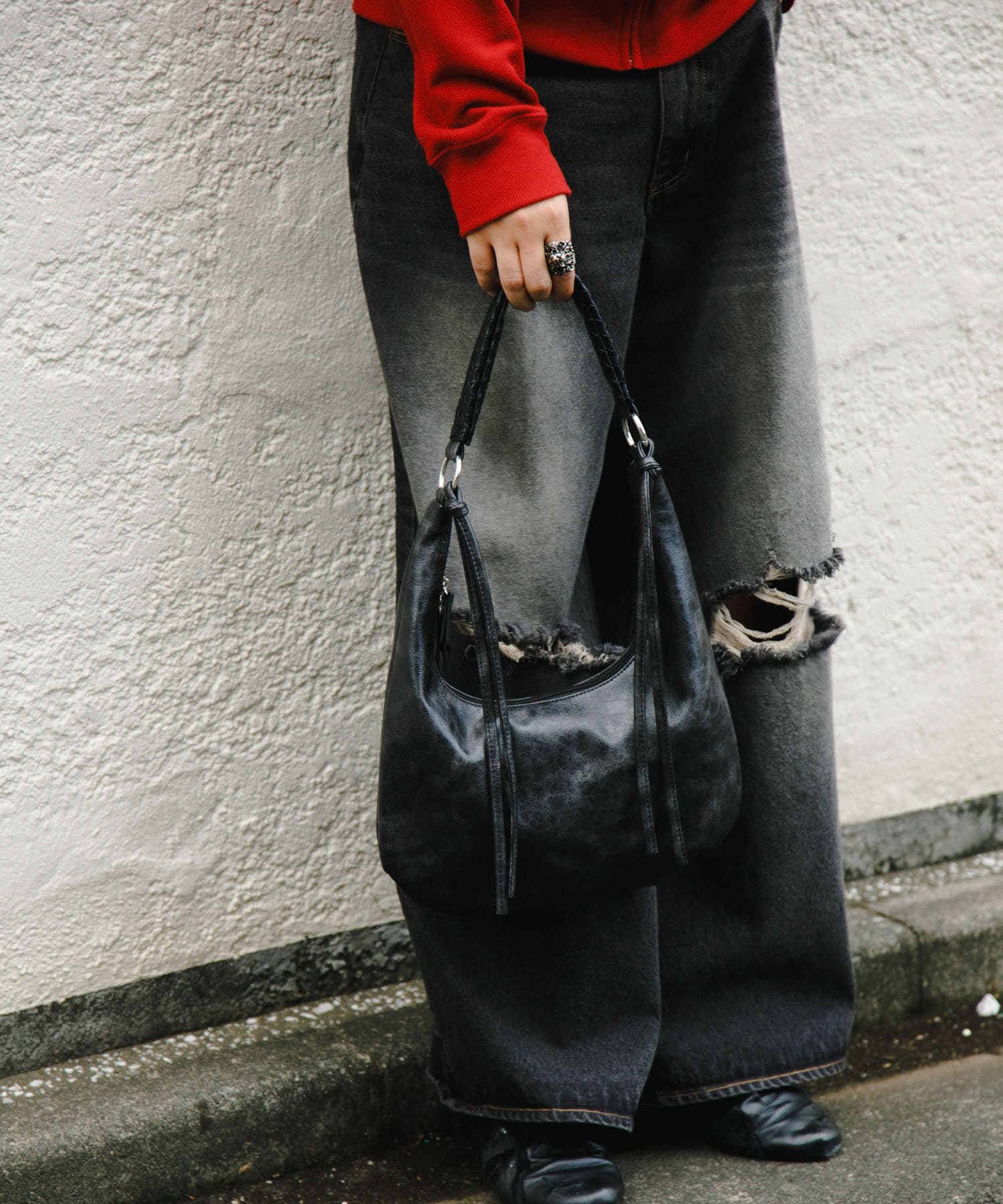 フェイクレザーヴィンテージハンドバッグ BLACK one
