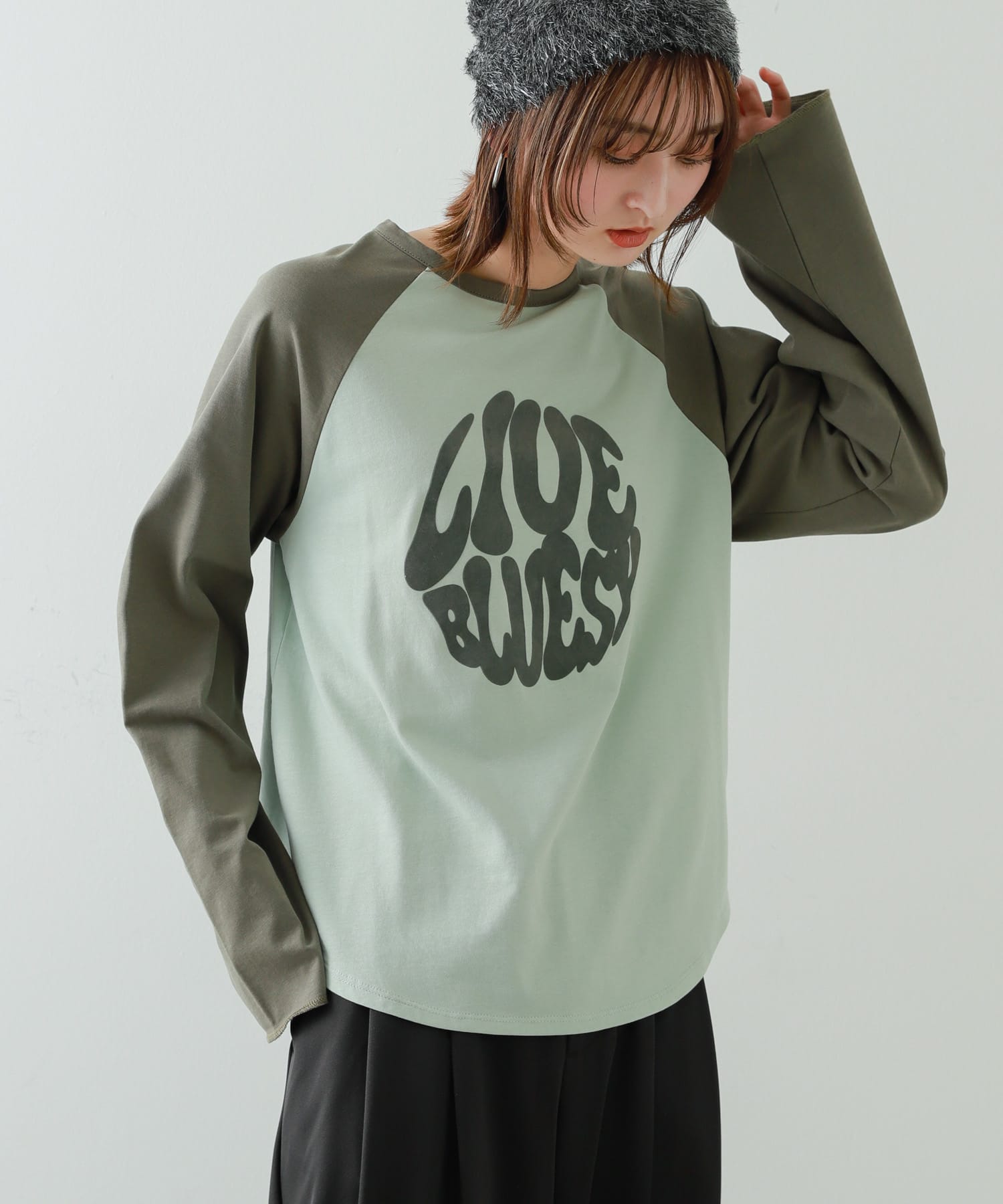 『別注』さらさ×SENSE OF PLACE　バイカラーラグランロングTシャツ