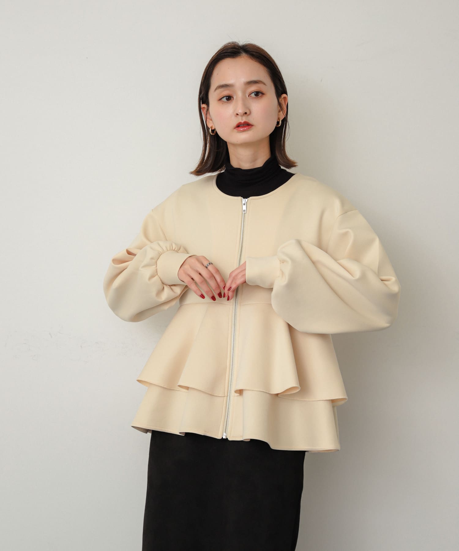 フリルペプラムジップカーディガン(one CHARCOAL): トップス