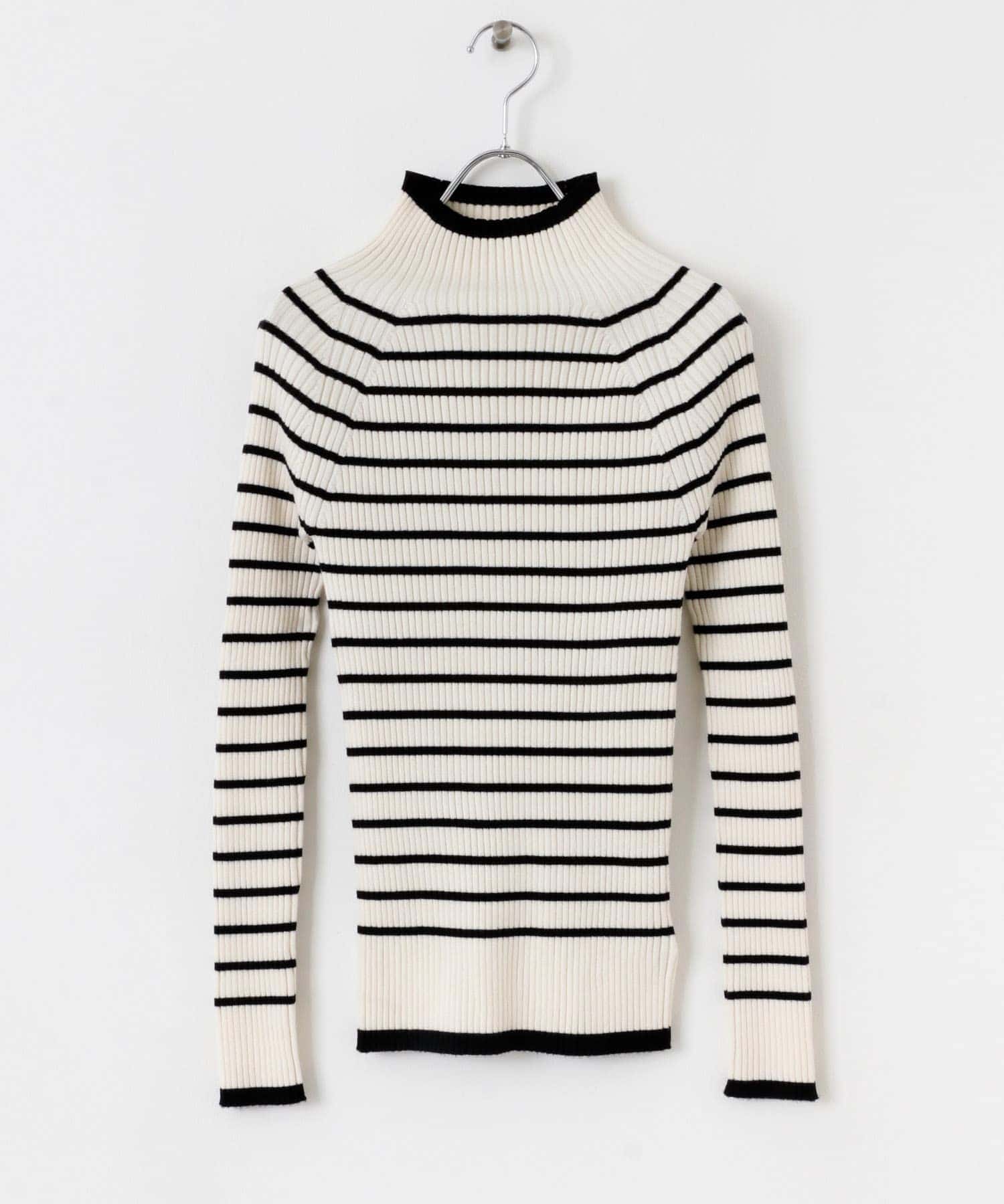 ストレッチリブハイネックセーター WHT×BLK One