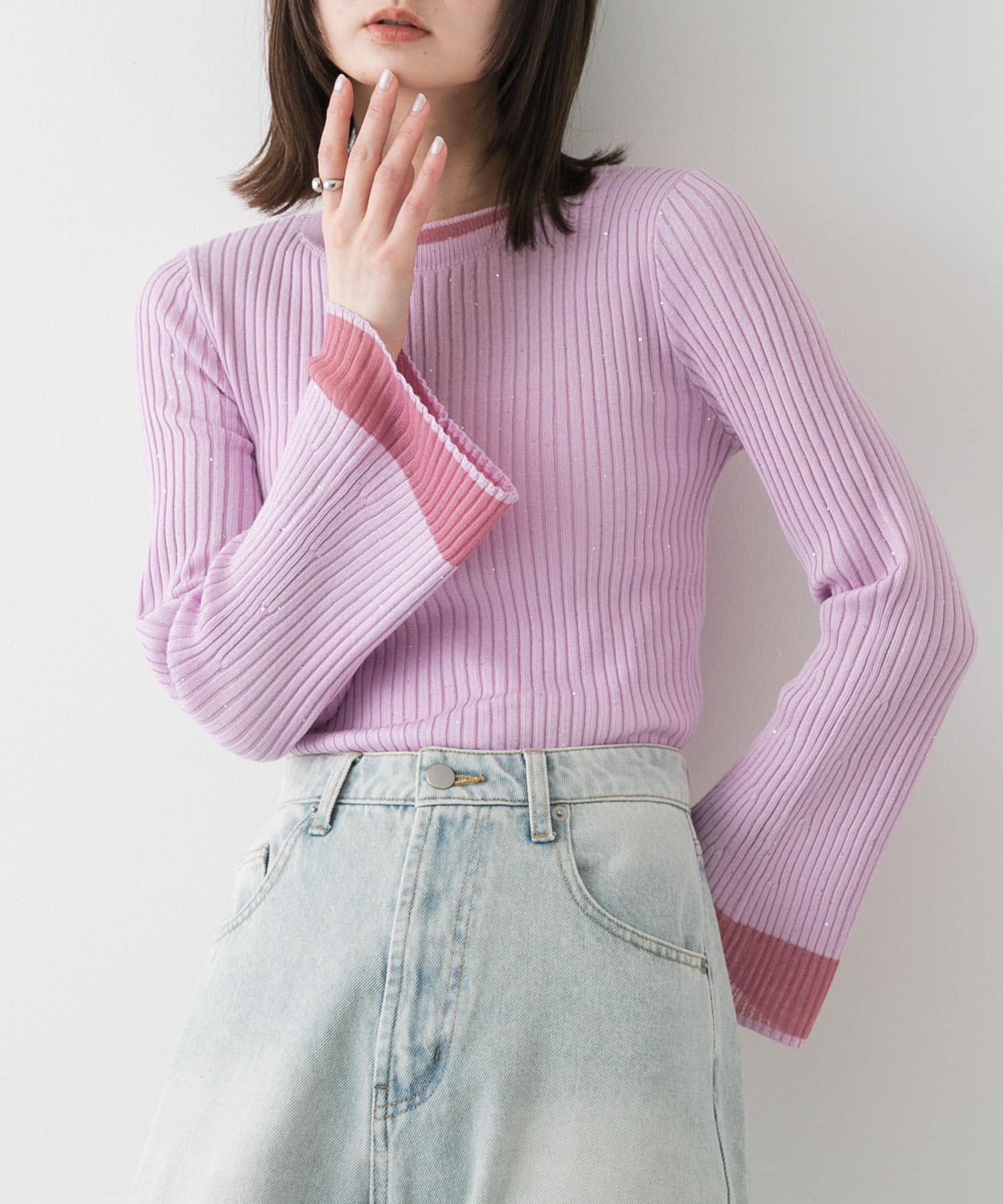 『洗濯可』スパンコールバイカラーコンパクトセーター