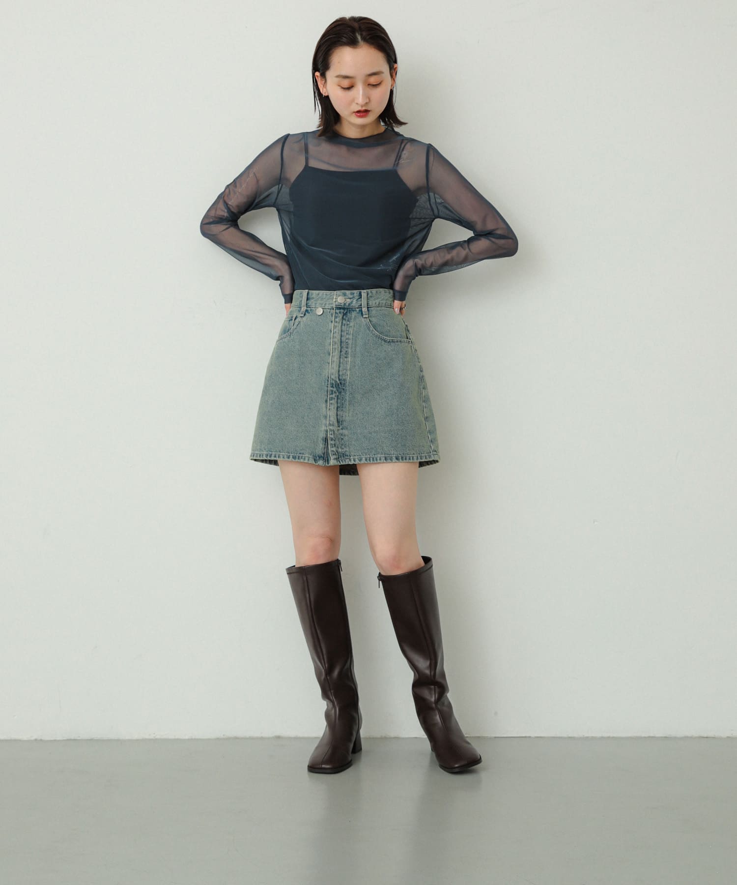 『消臭』スクエアトゥストレッチロングブーツ BROWN M