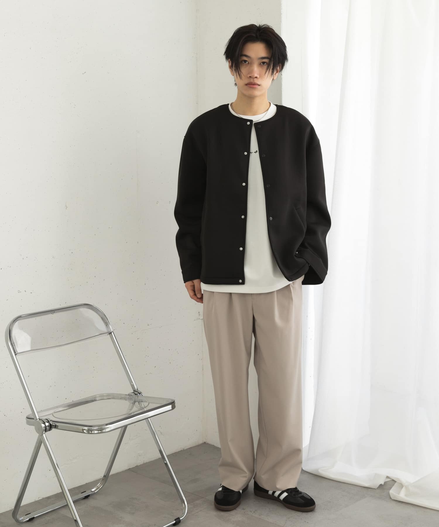 ポンチクルーネックカーディガン BLACK M