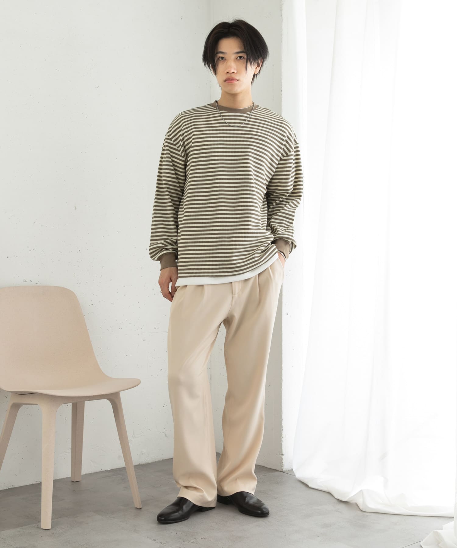 ワッフルボーダーロングTシャツ OLIVE L