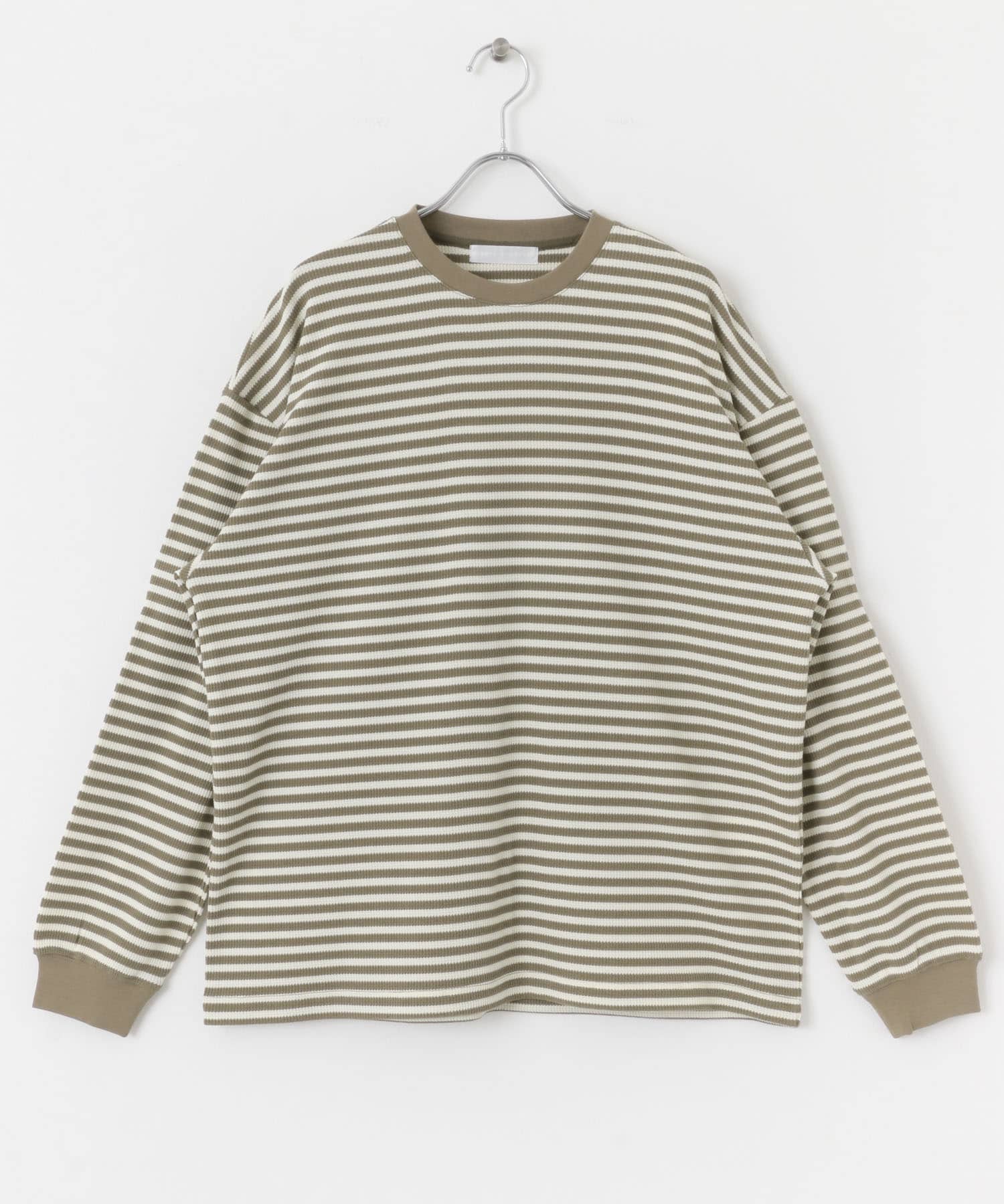 ワッフルボーダーロングTシャツ OLIVE M