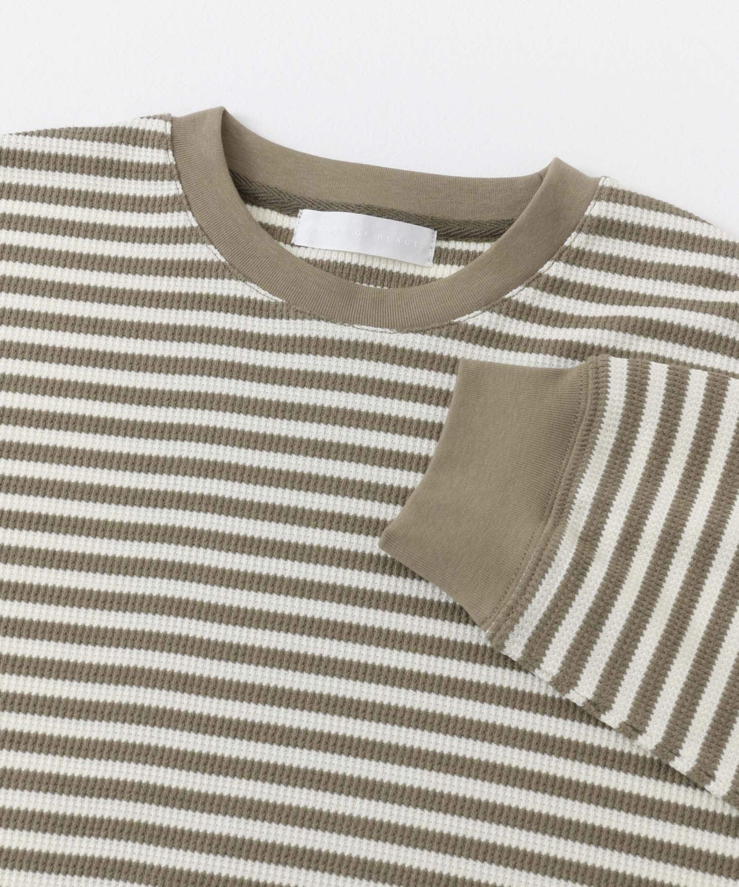 ワッフルボーダーロングTシャツ OLIVE M