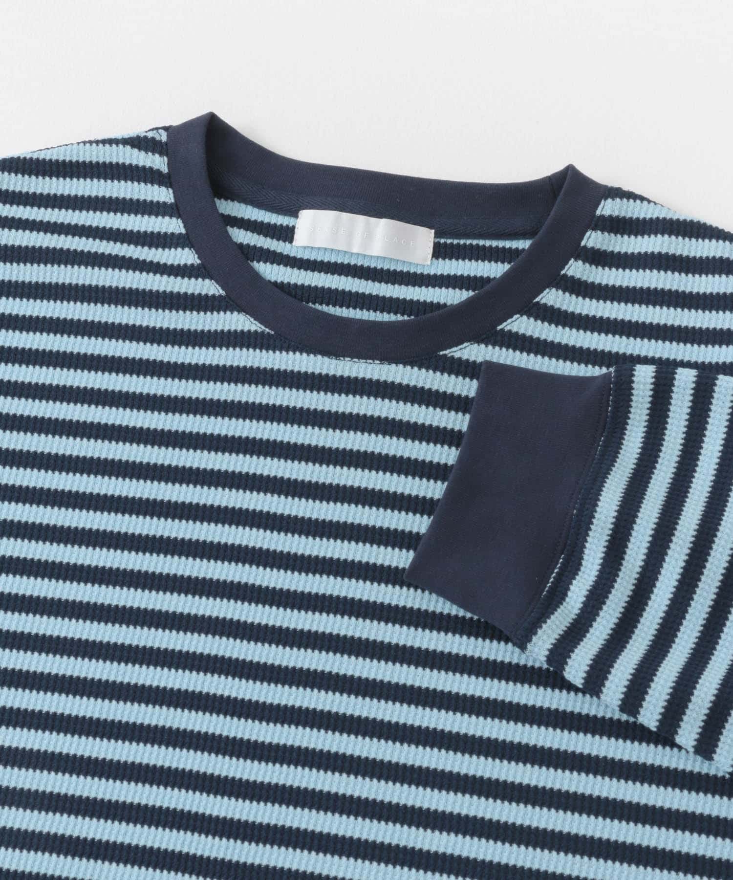 ワッフルボーダーロングTシャツ BLUE M