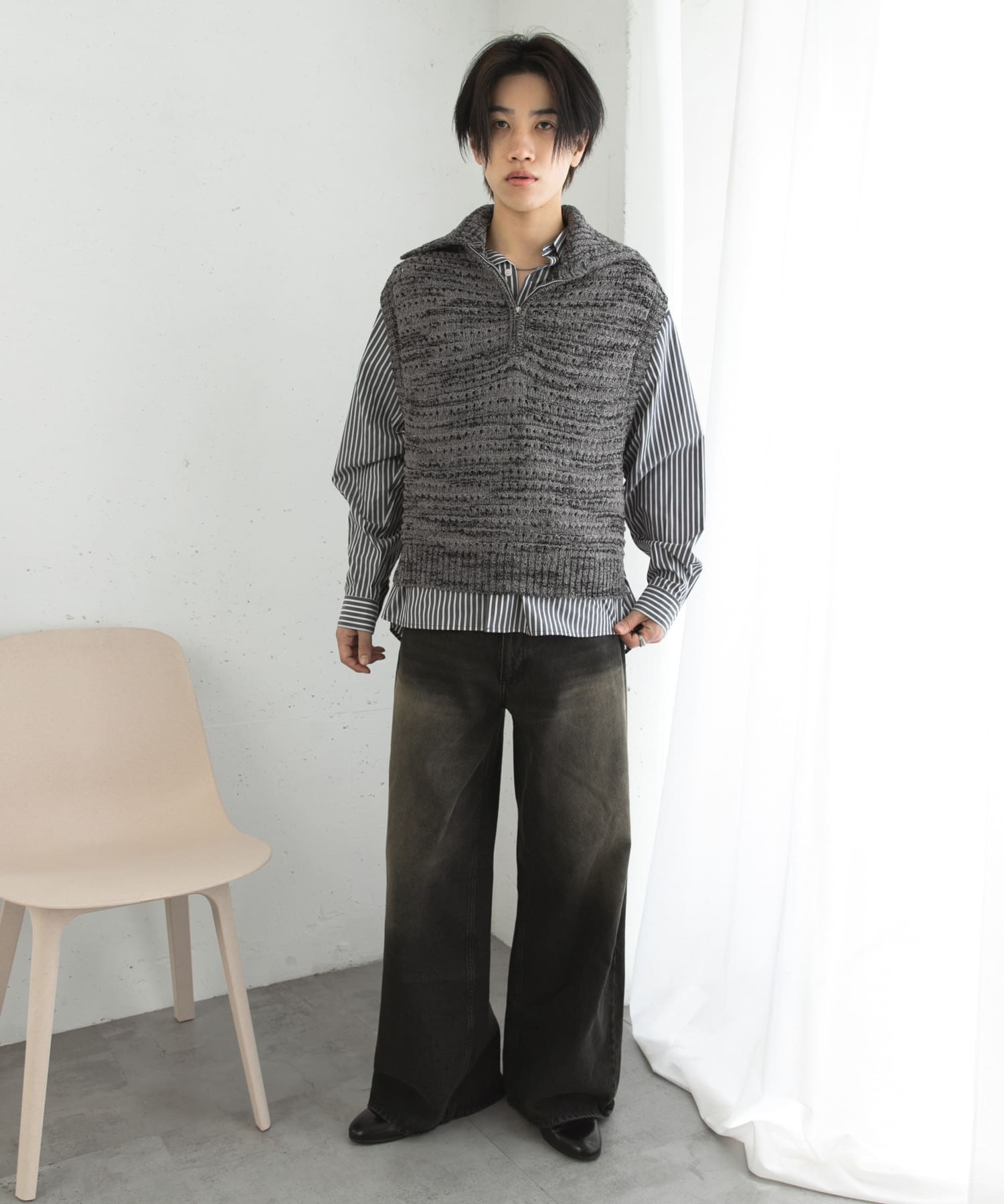 ミックスメランジハーフジップニットベスト(M BLUE): トップス｜URBAN