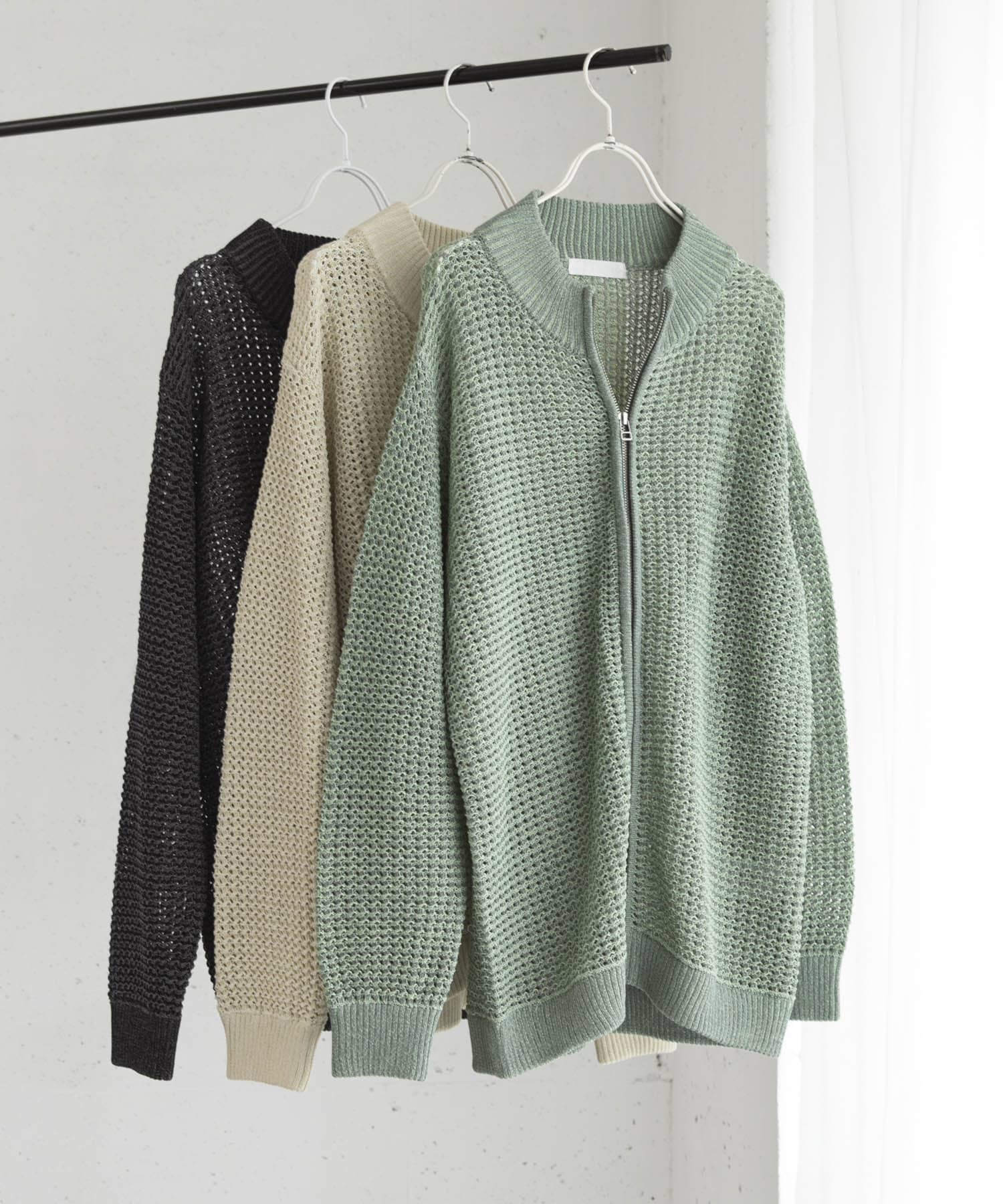 『ユニセックス』『洗濯可』シアーメッシュドライバーズカーディガン MINT M