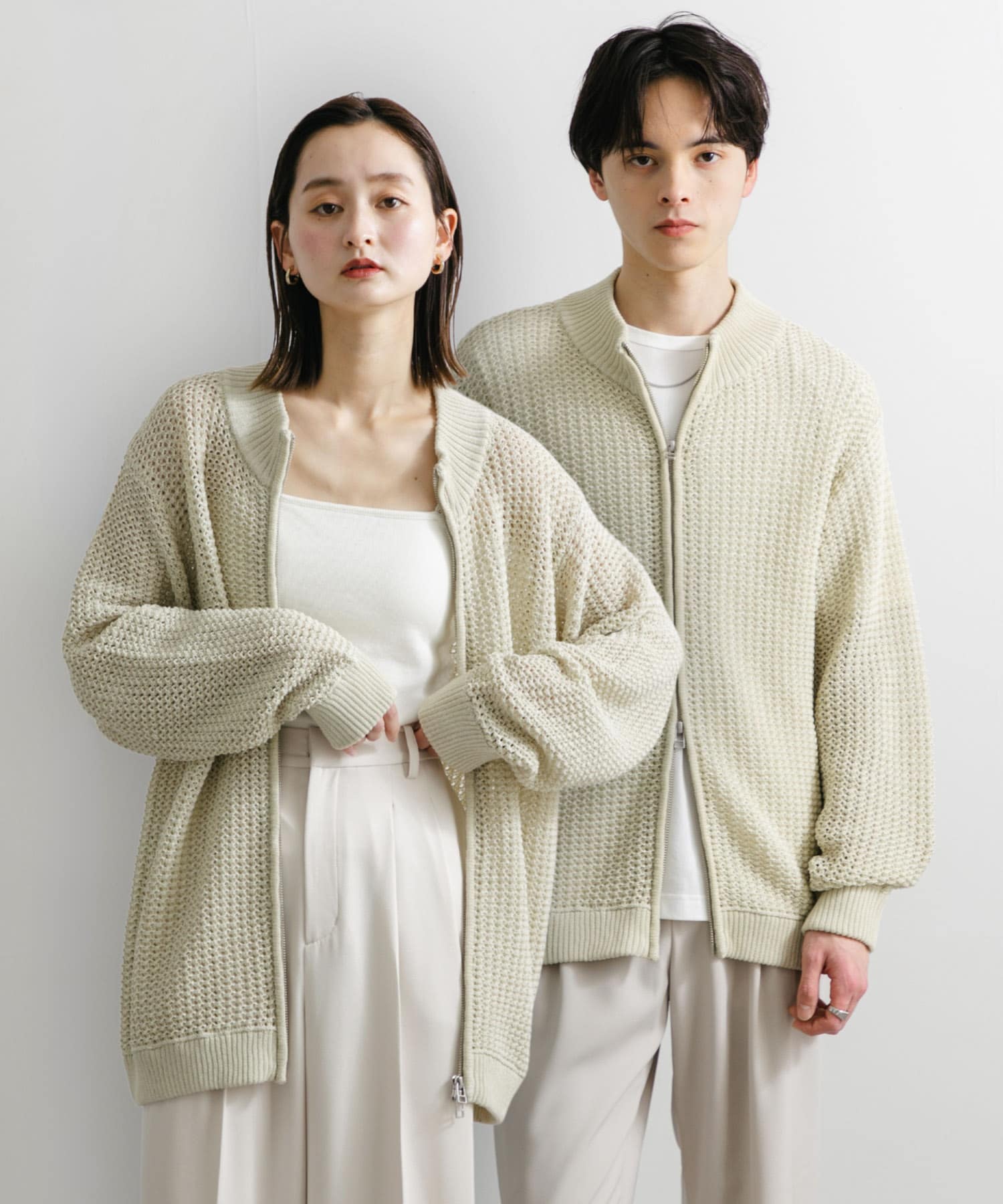 『ユニセックス』『洗濯可』シアーメッシュドライバーズカーディガン