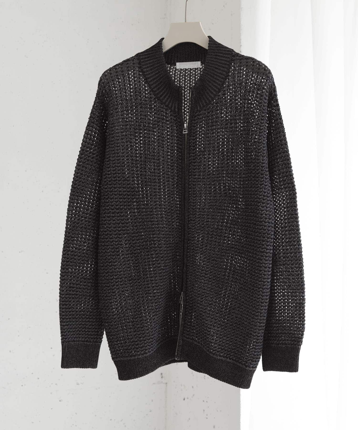 『ユニセックス』『洗濯可』シアーメッシュドライバーズカーディガン BLACK M