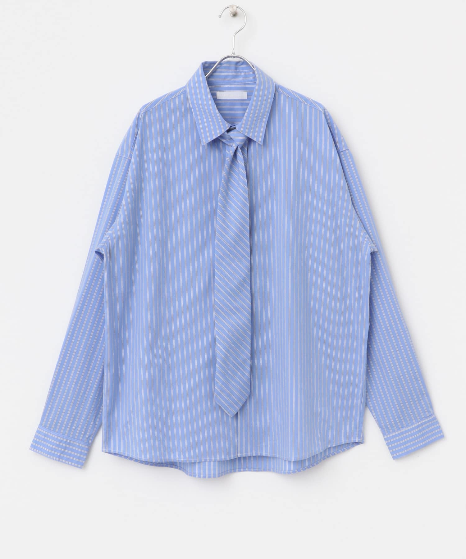 『ユニセックス』ストライプレギュラーカラーネクタイシャツ BLUE M