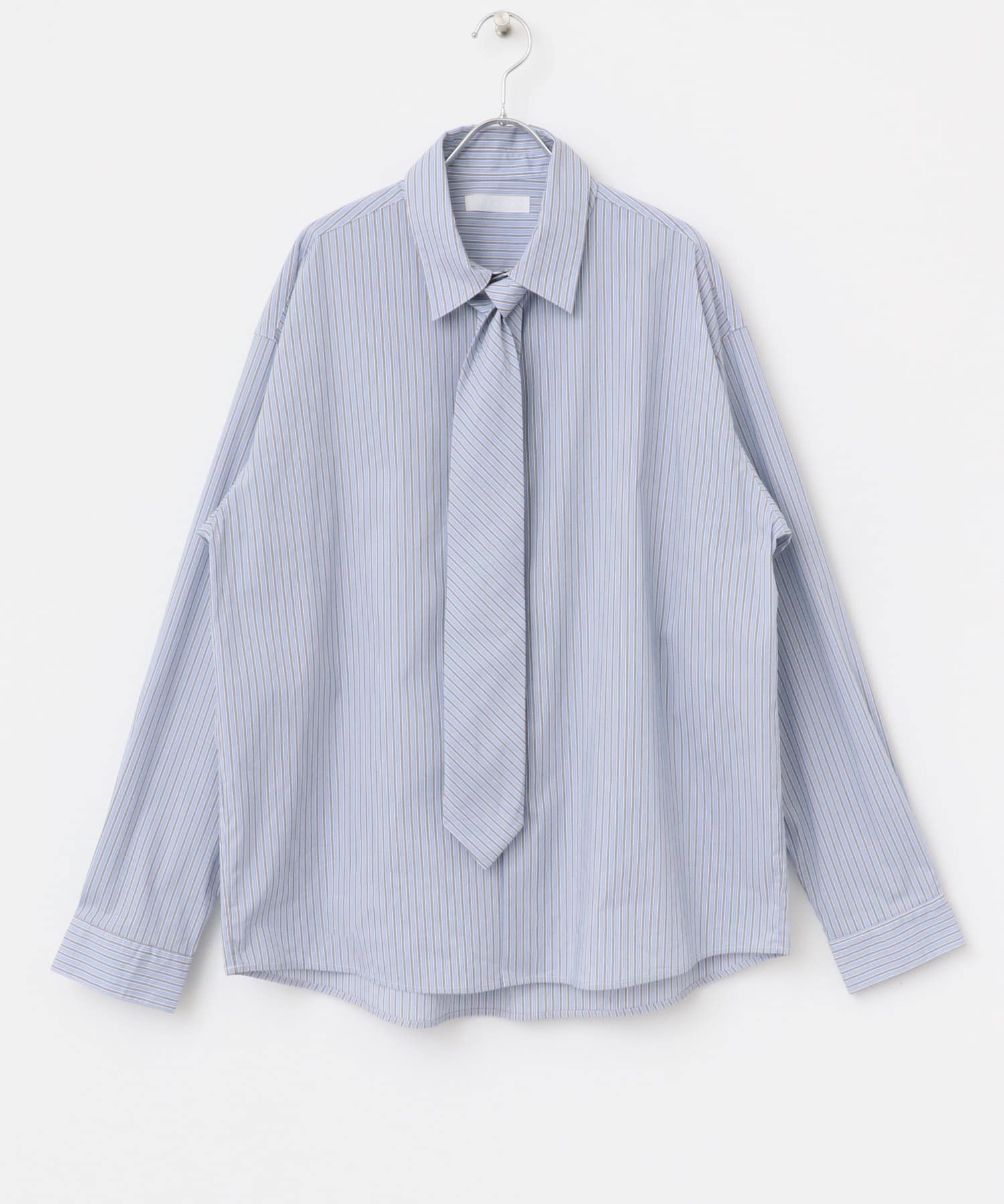 『ユニセックス』ストライプレギュラーカラーネクタイシャツ L.BLUE M