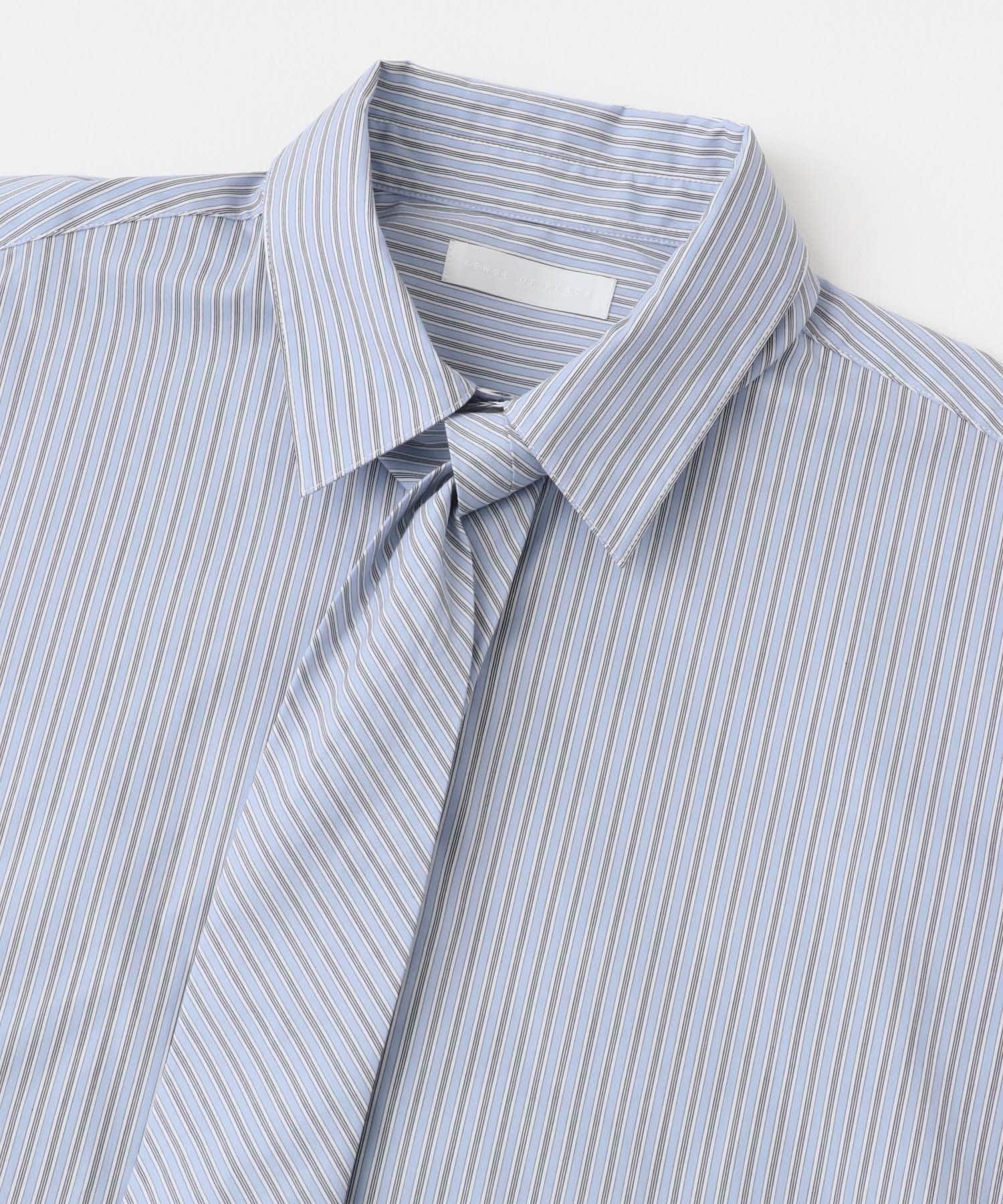 『ユニセックス』ストライプレギュラーカラーネクタイシャツ L.BLUE M
