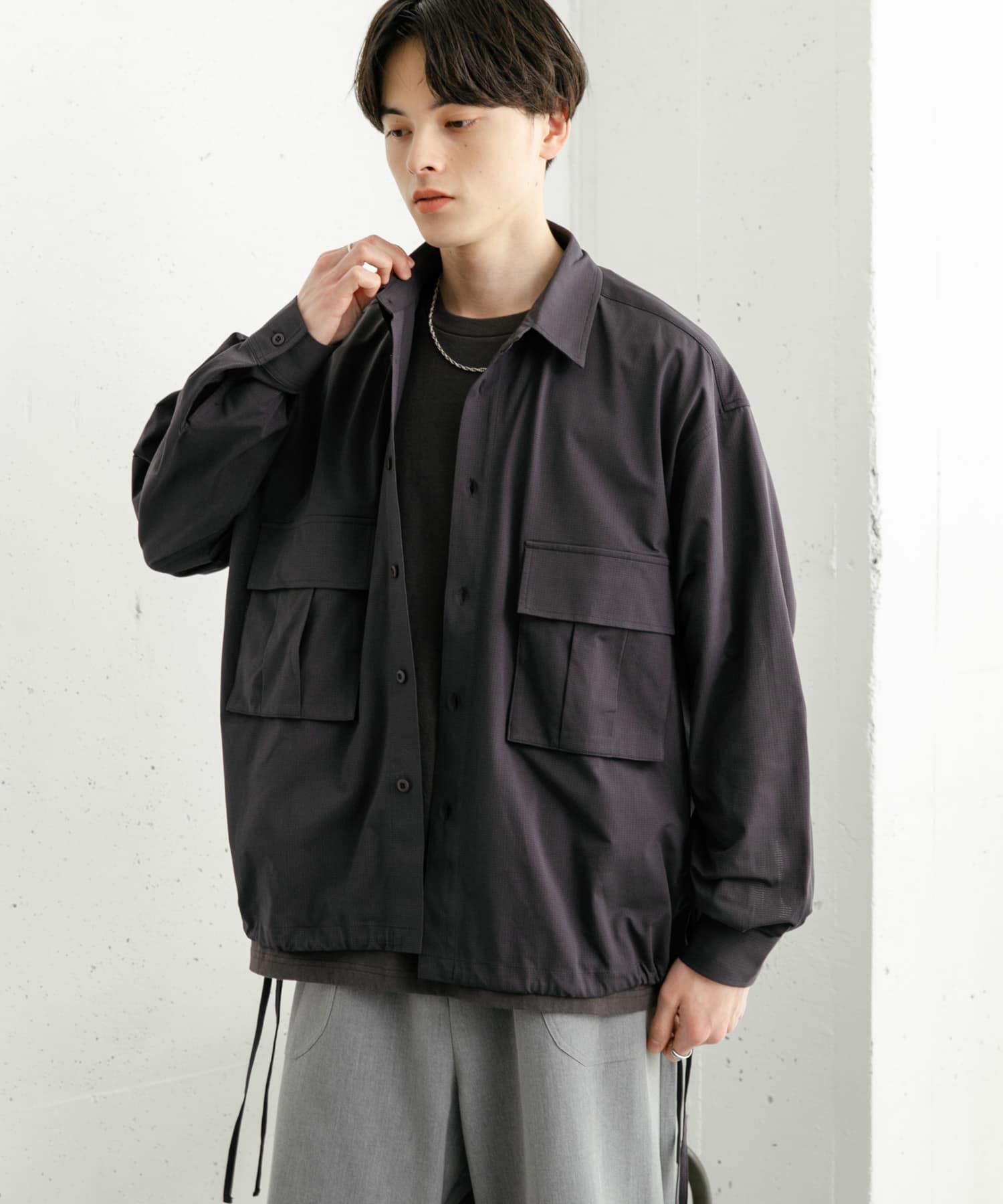 ドットメッシュダブルポケットロングスリーブシャツ(M L.PINK