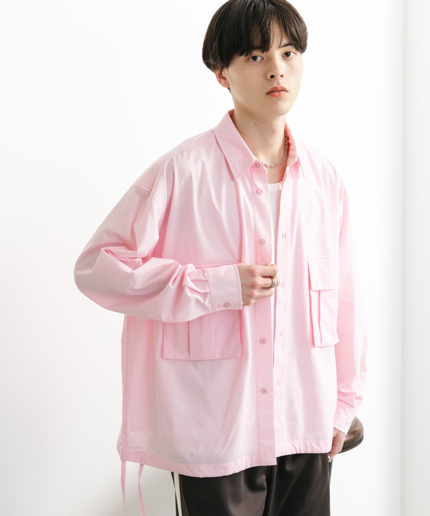 ドットメッシュダブルポケットロングスリーブシャツ(M L.PINK