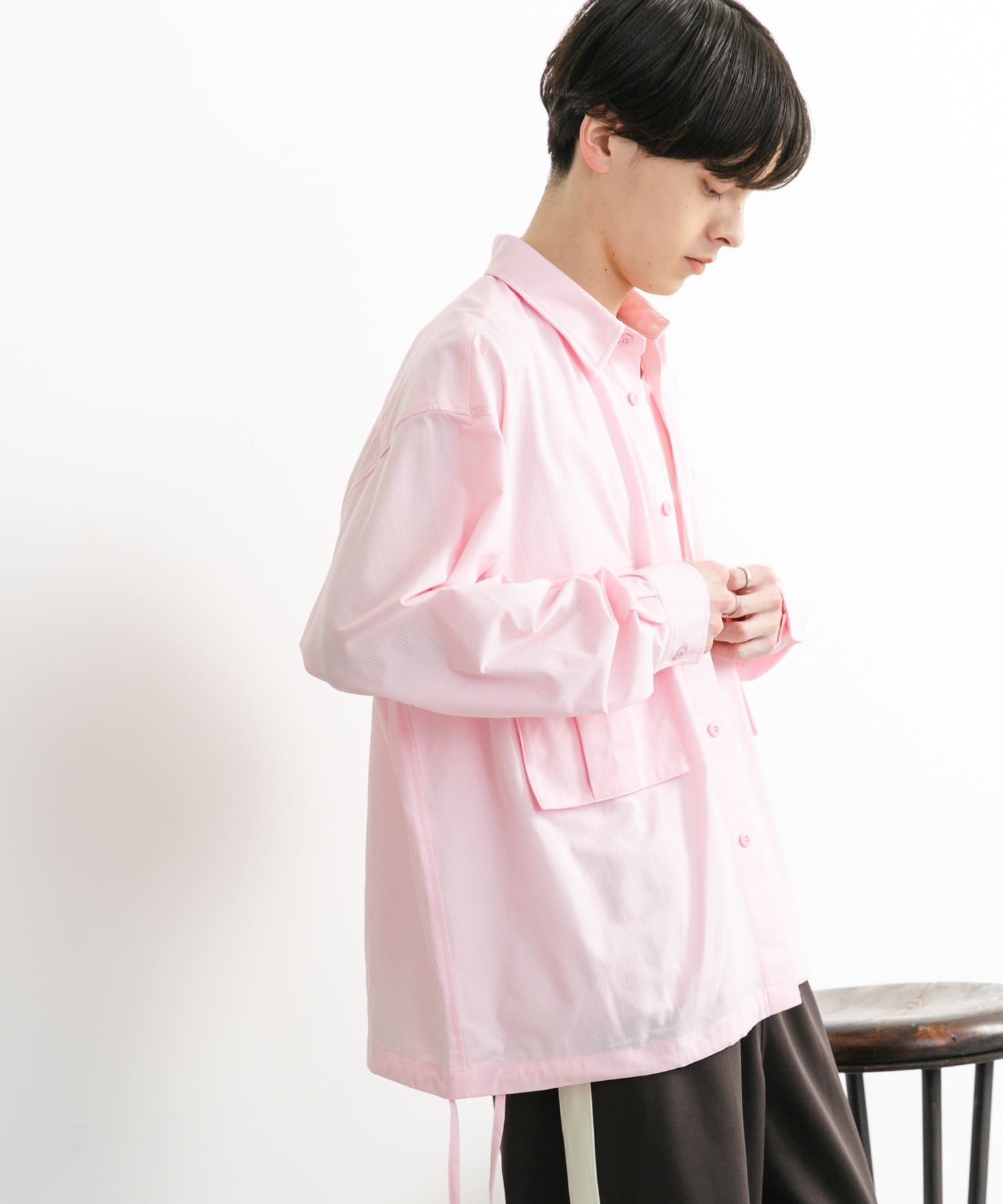 ドットメッシュダブルポケットロングスリーブシャツ(M L.PINK