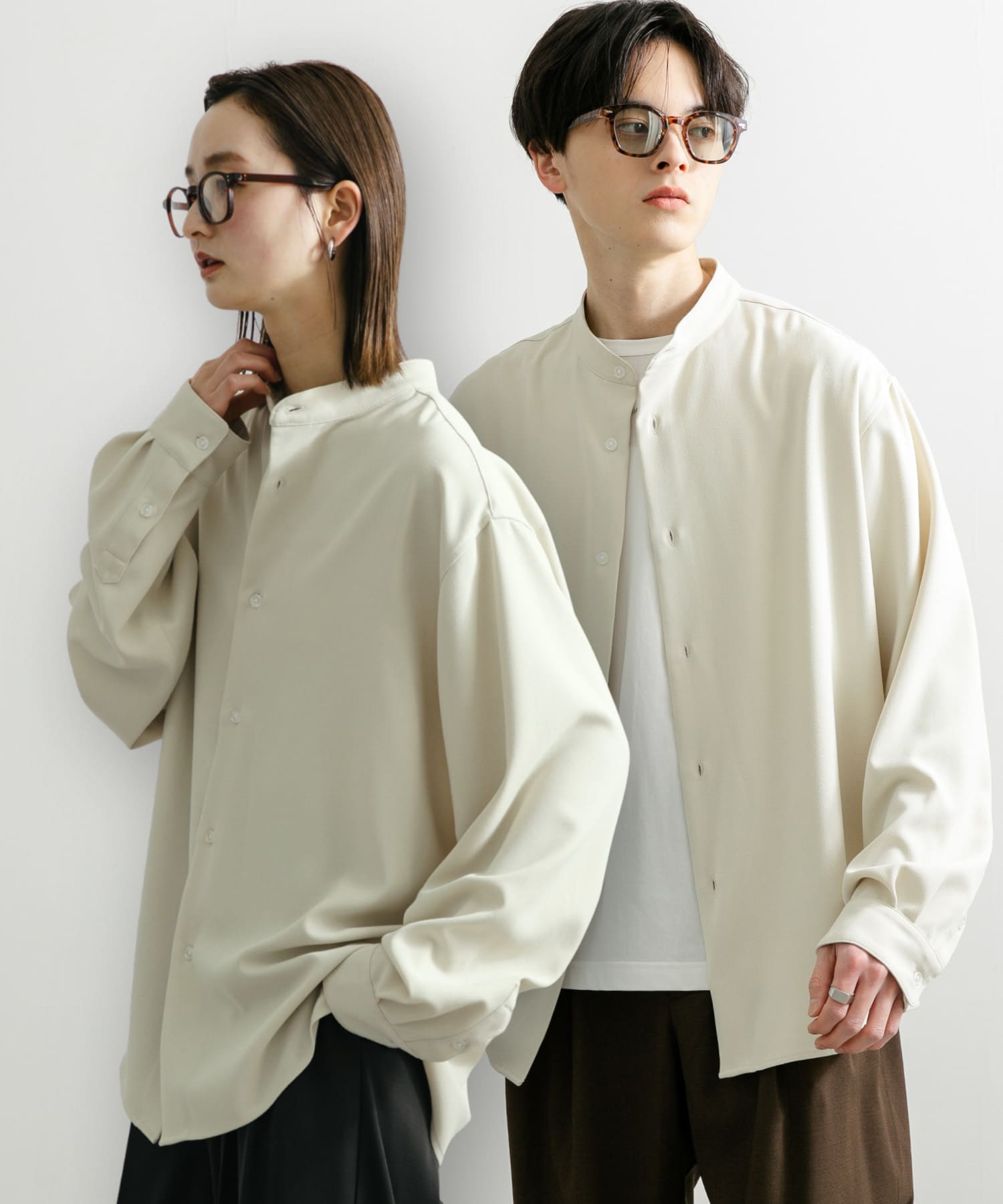 ユニセックス』アムンゼンバンドカラーシャツ(M GREIGE