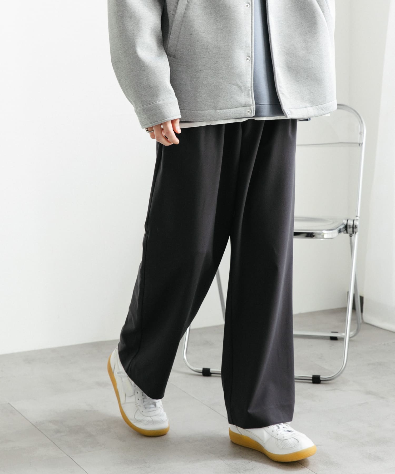 『イージーケア』ダブルタックワイドパンツ CHARCOAL S