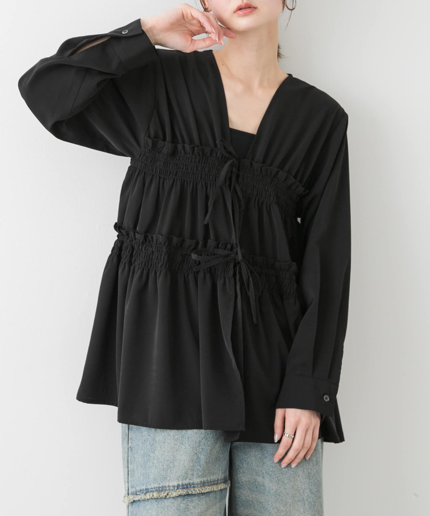 ギャザーリボンチュニックブラウス