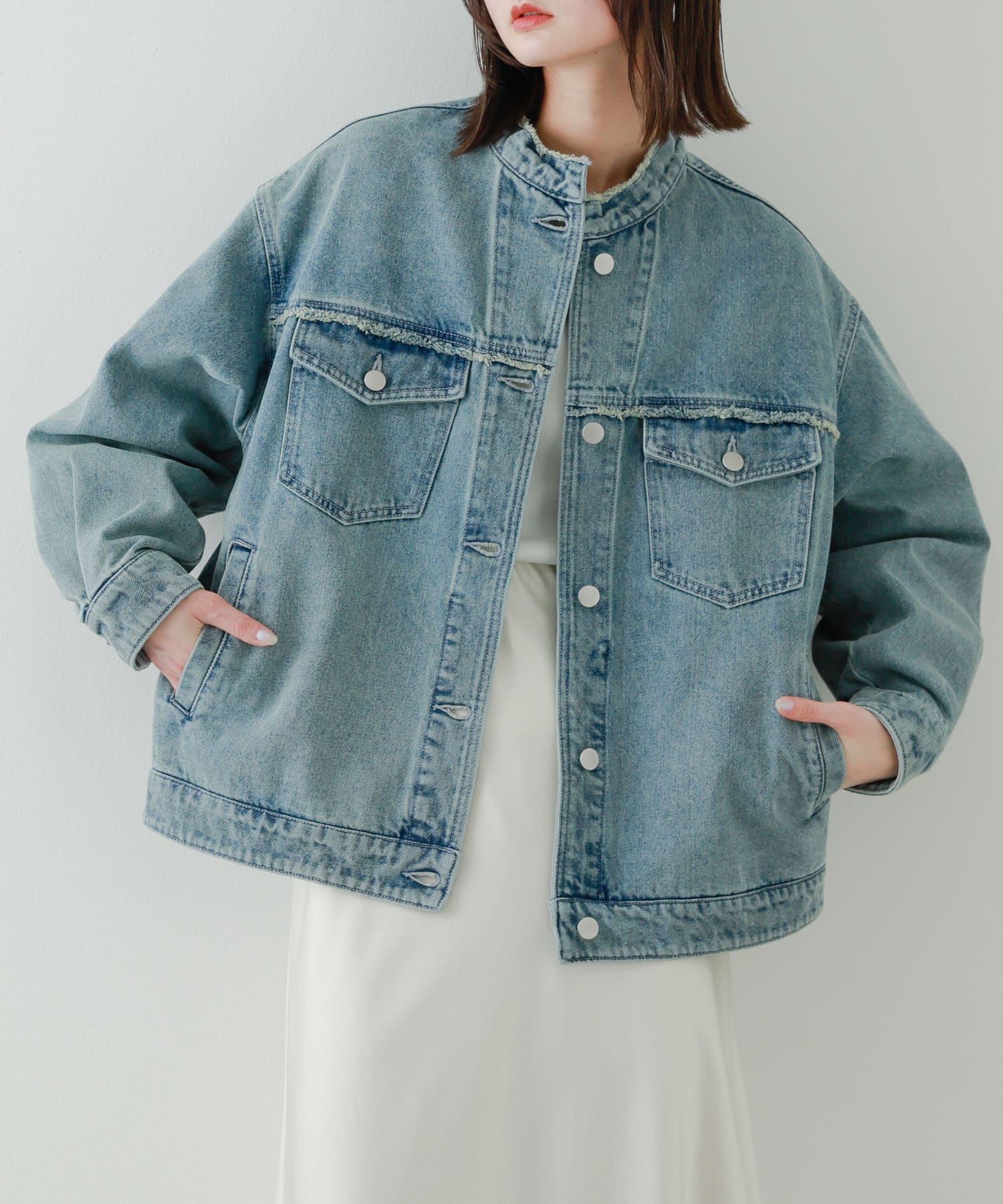 ルーズノーカラーデニムジャケット