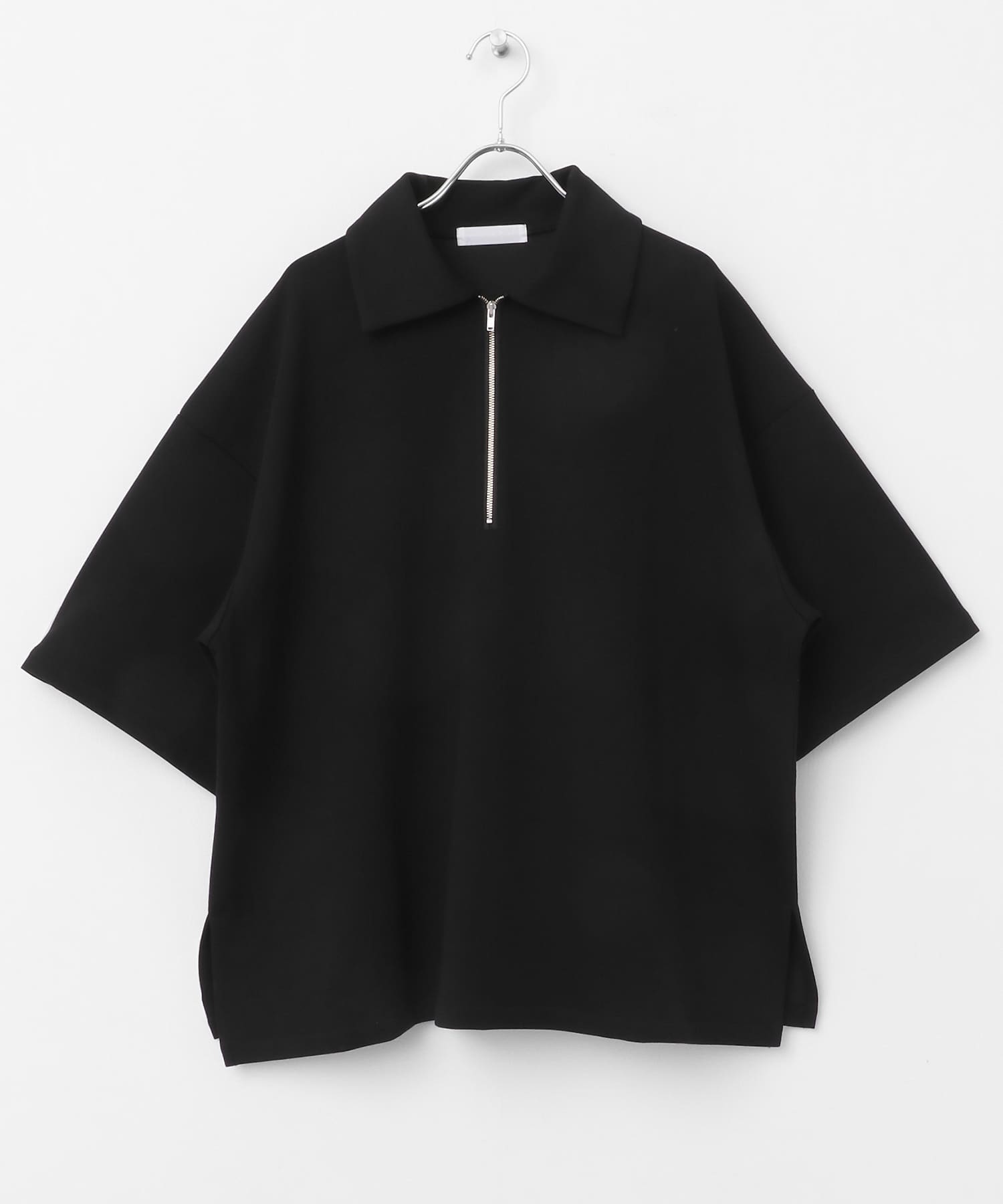 『ユニセックス』ダンボールポンチハーフジップショートスリーブTシャツ BLACK M